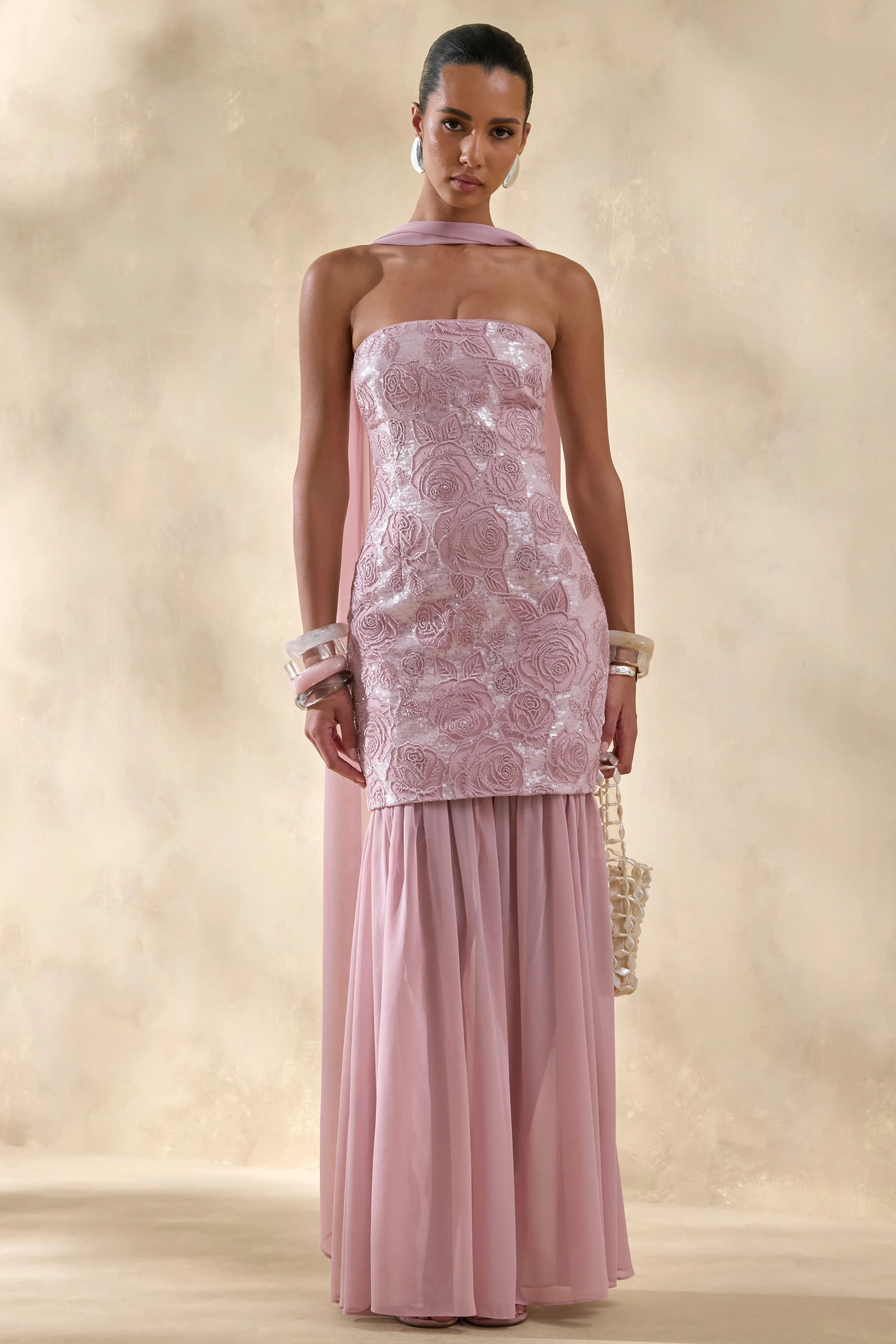 Meraly | Pink Sequin Bandeau Maxi Dress With Scarf-Detail