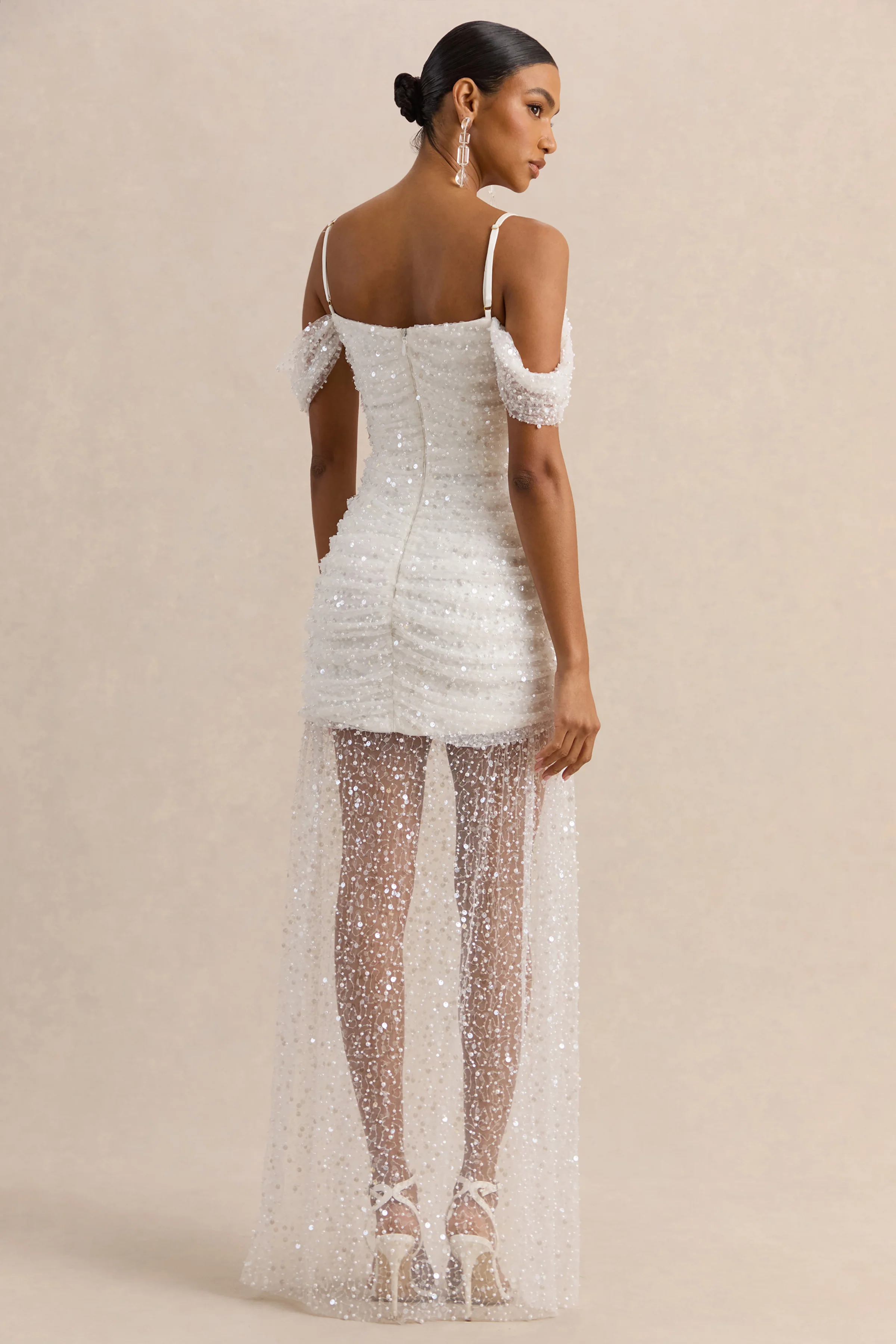 Millie | White Mesh Bardot-Neck Mini Dress With Draped Detailing - Image 2
