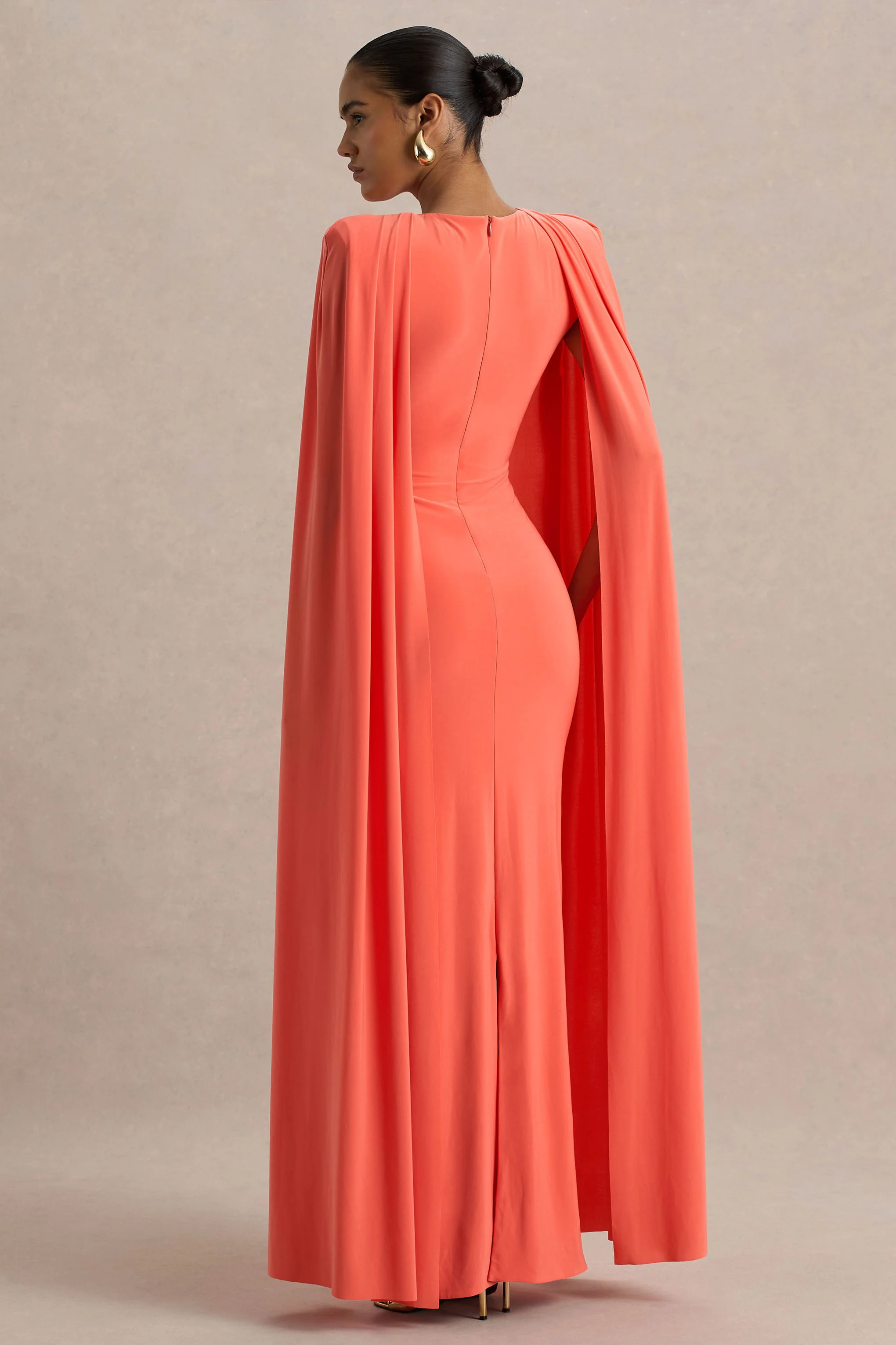 Mimi | Coral High-Neck Maxi Dress With Cape Sleeve Detail - Image 2