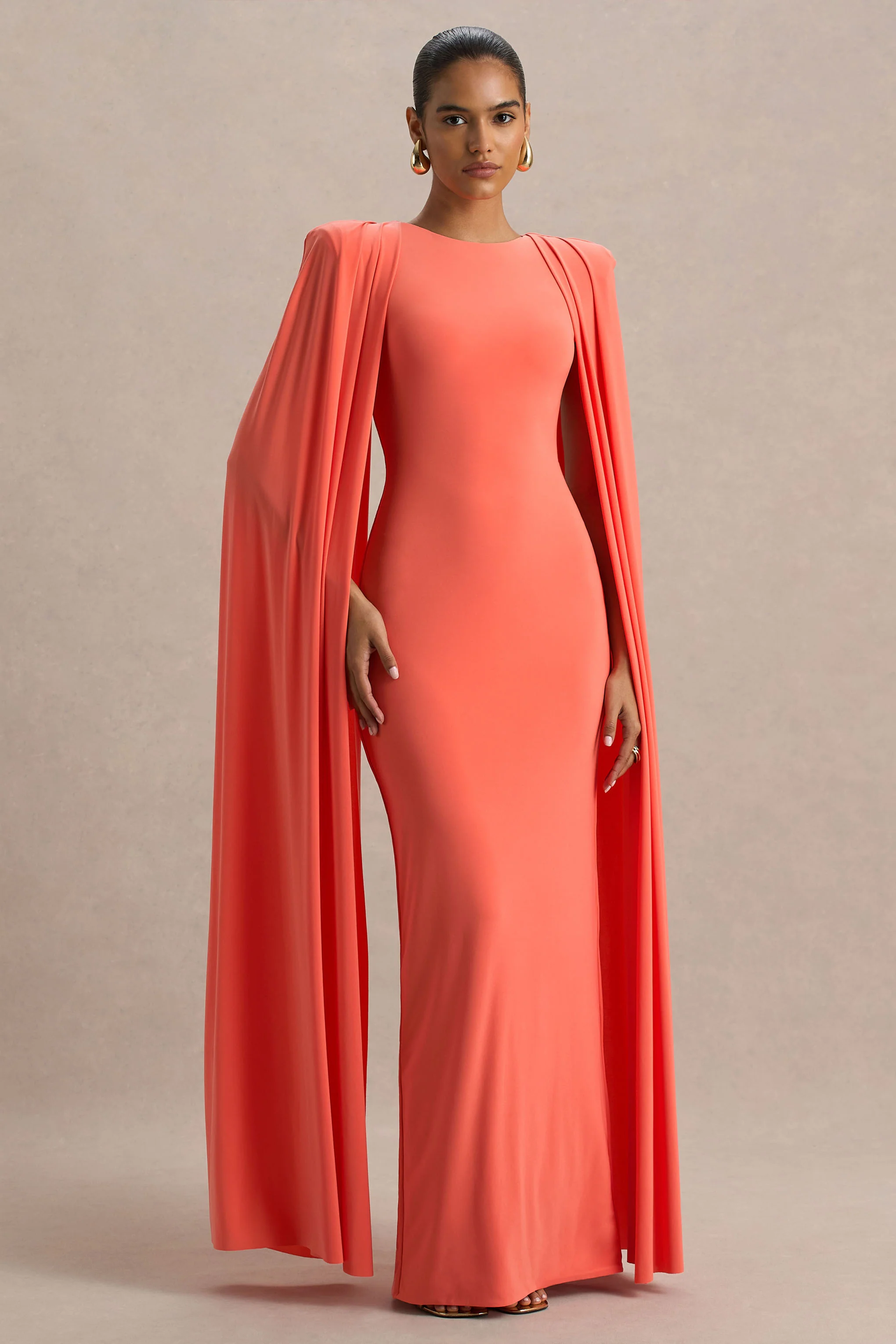 Mimi | Coral High-Neck Maxi Dress With Cape Sleeve Detail - Image 4