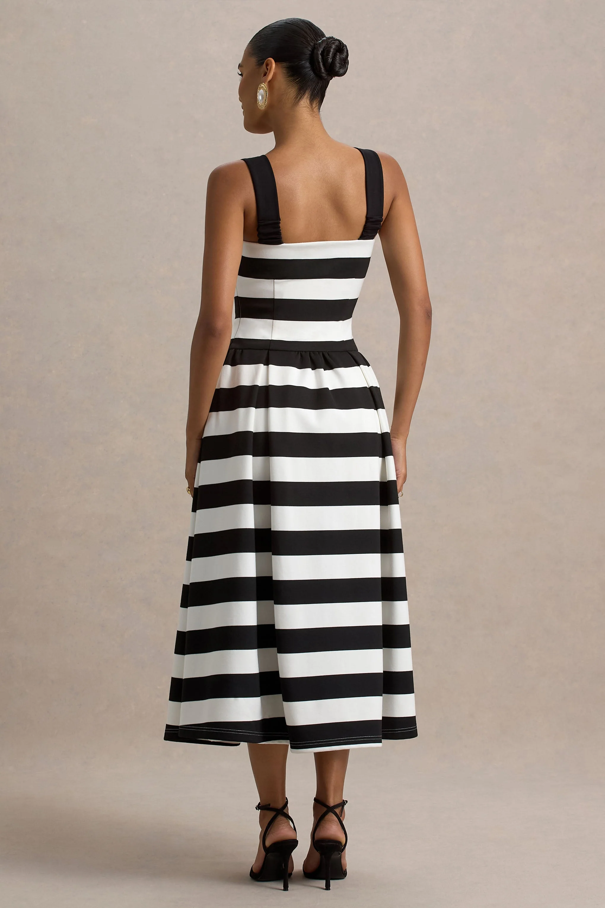 Monte Carlo | Black & White Striped Square-Neck Drop-Waist Midi Dress - Image 3