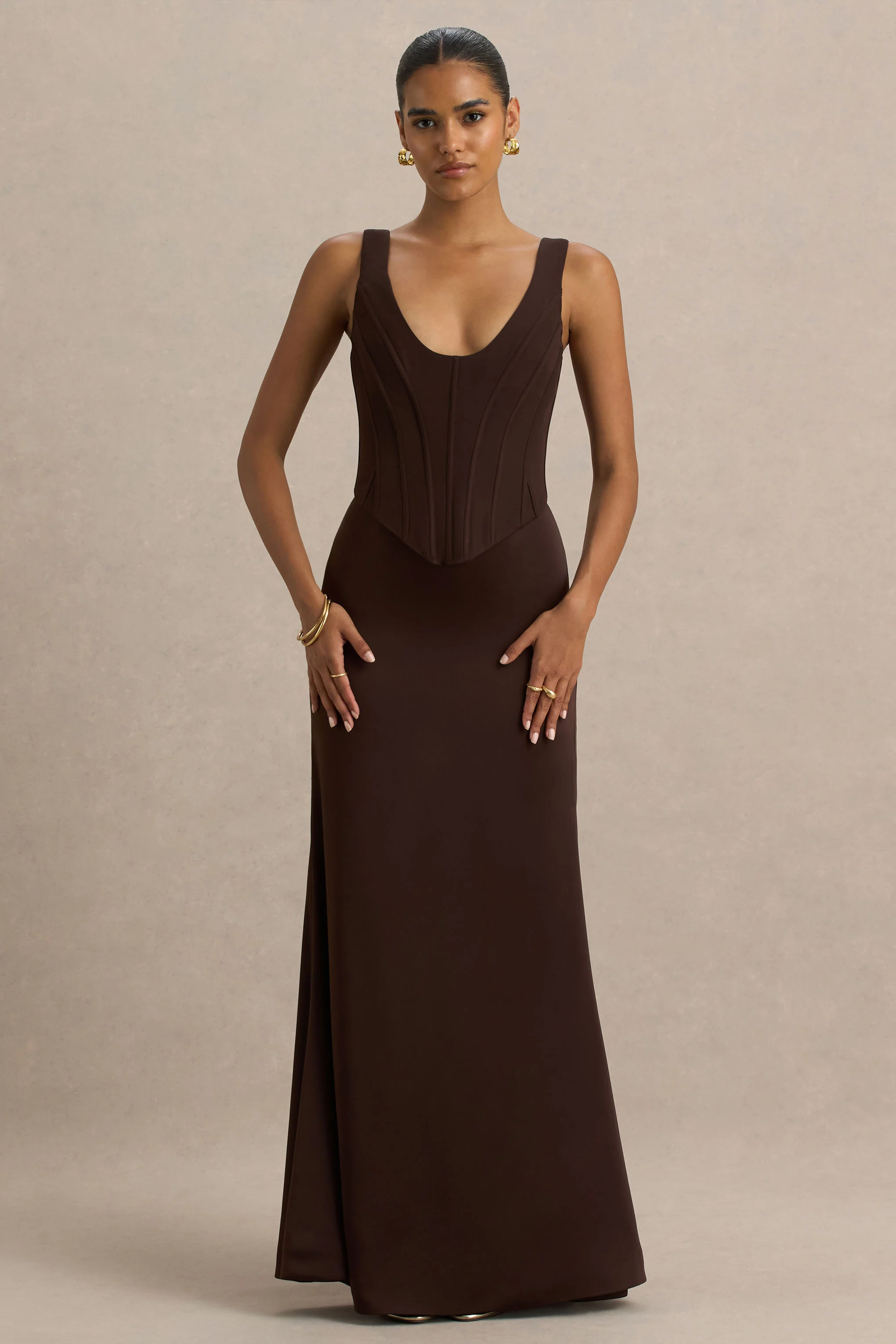 Morgan | Brown Satin Corset Maxi Dress - Image 4