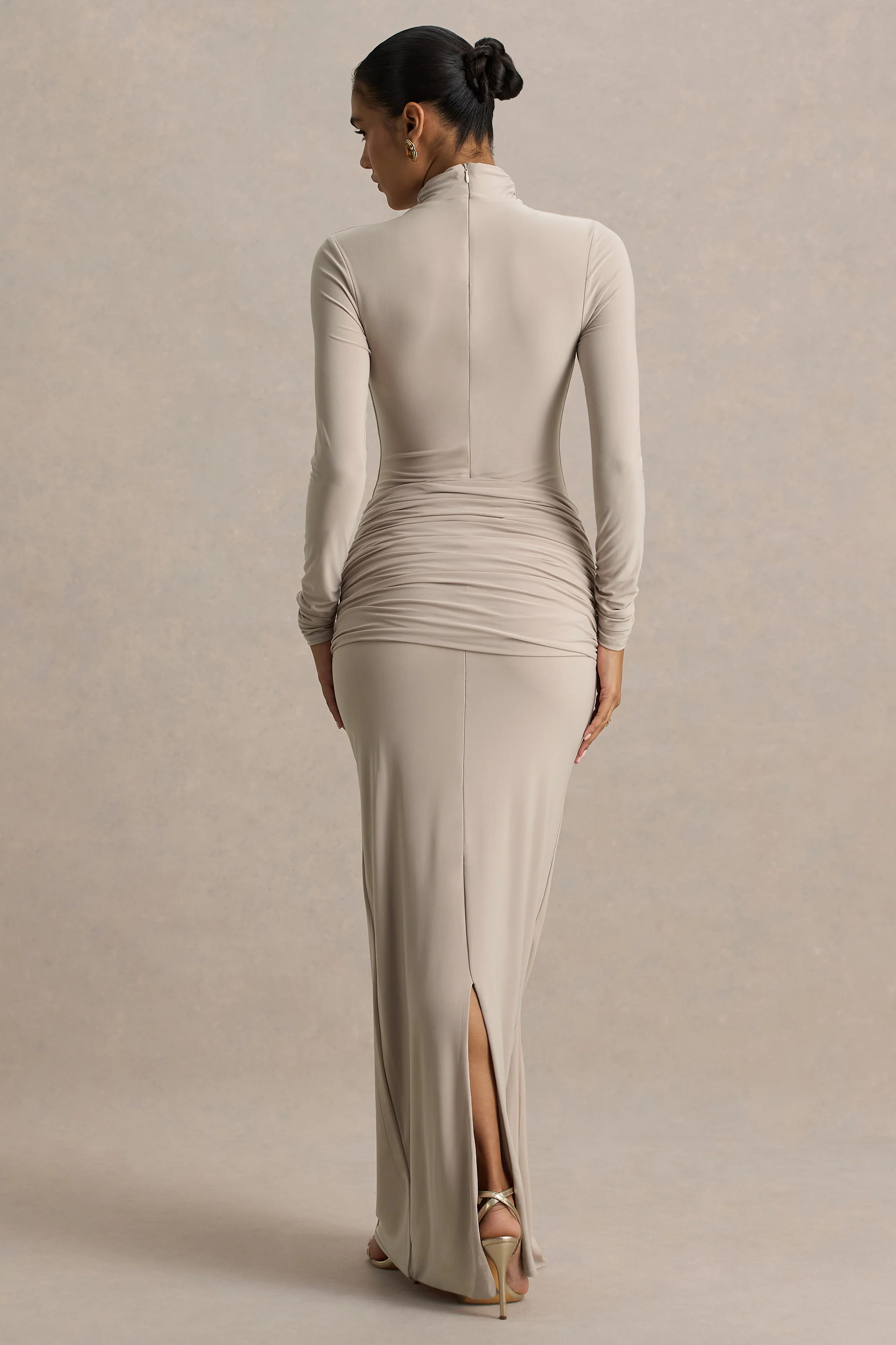 Myra | Champagne High-Neck Maxi Dress With Sash and Ruched Detailing - Image 2