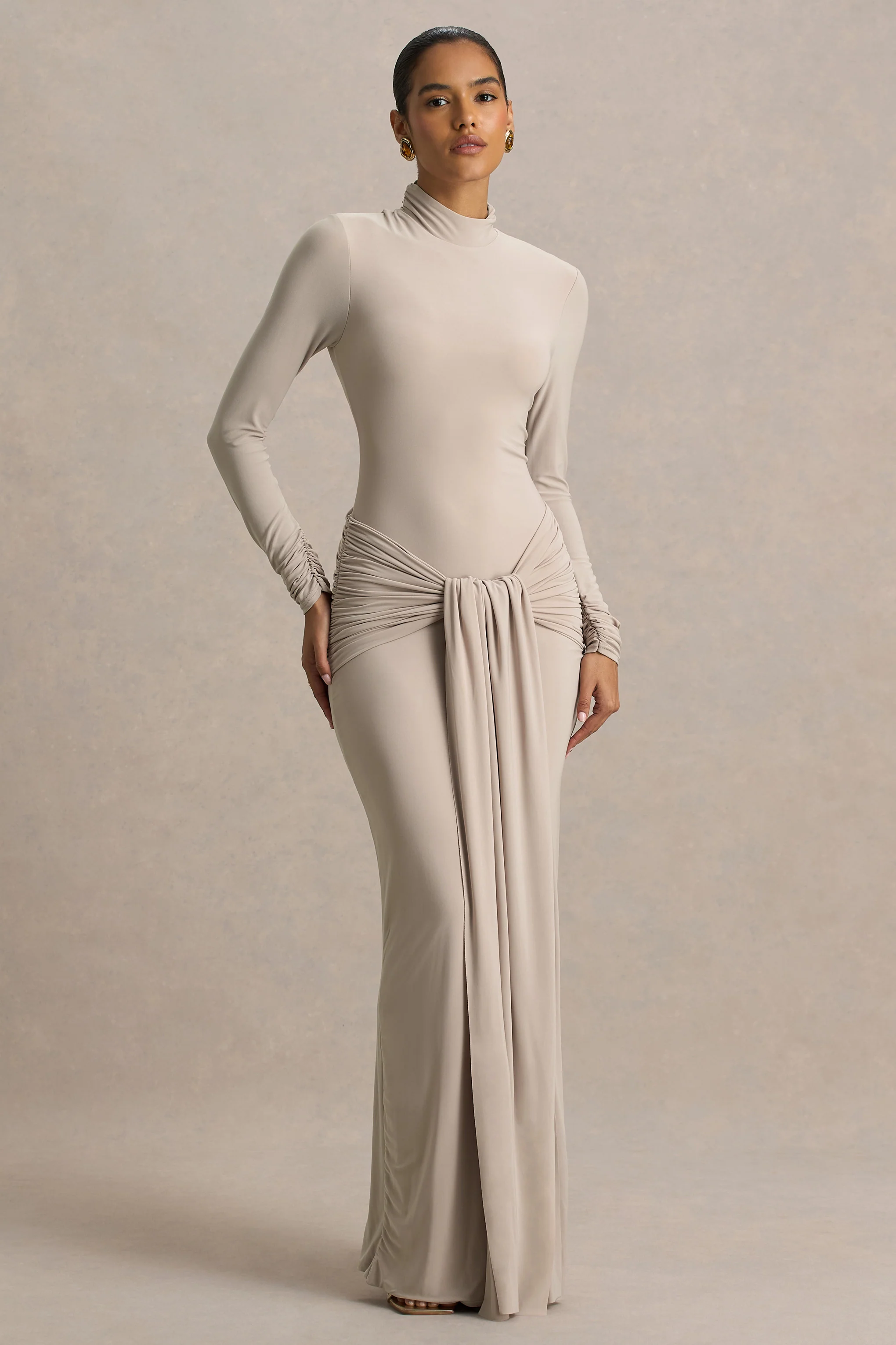 Myra | Champagne High-Neck Maxi Dress With Sash and Ruched Detailing - Image 3