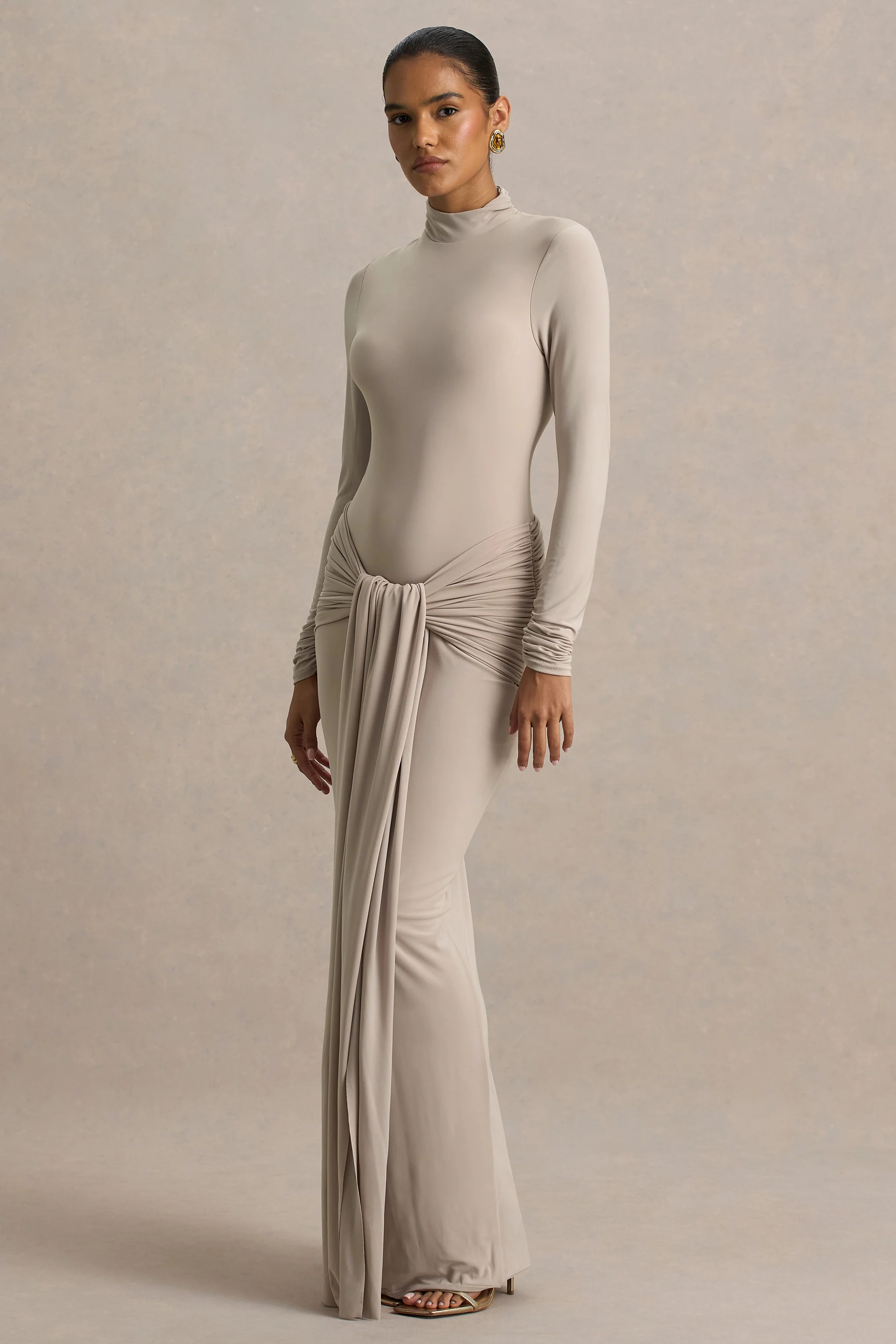 Myra | Champagne High-Neck Maxi Dress With Sash and Ruched Detailing - Image 5