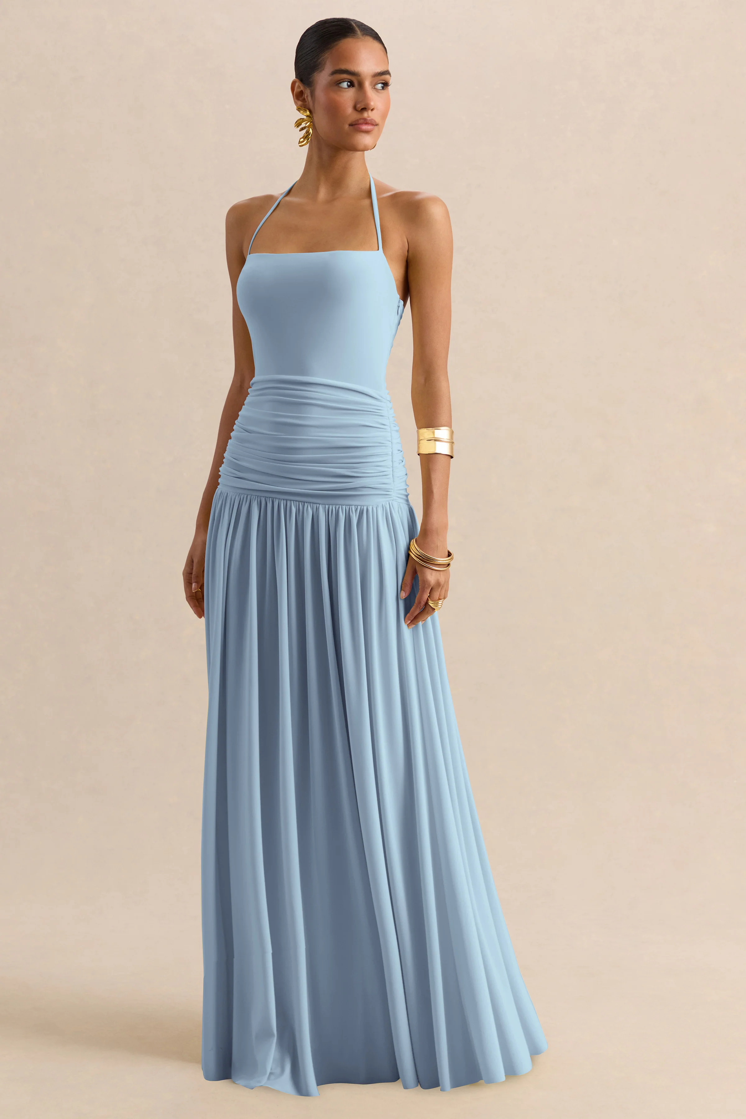 Nicolette | Powder Blue Square-Neck Maxi Dress With Ruched-Detailing - Image 6