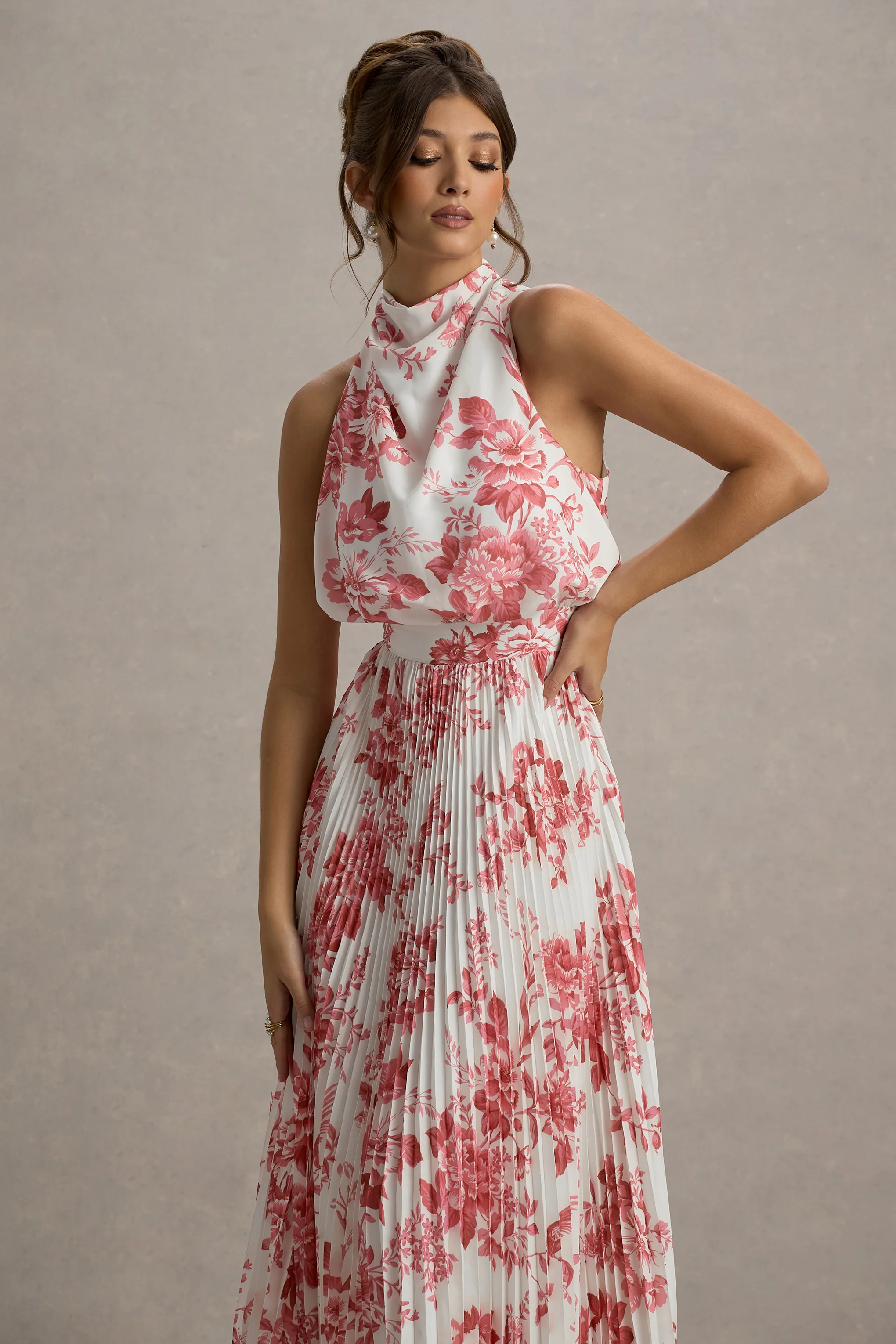 Nila | Pink Porcelain Print Cowl-Neck Midi Dress With Plisse Skirt - Image 3