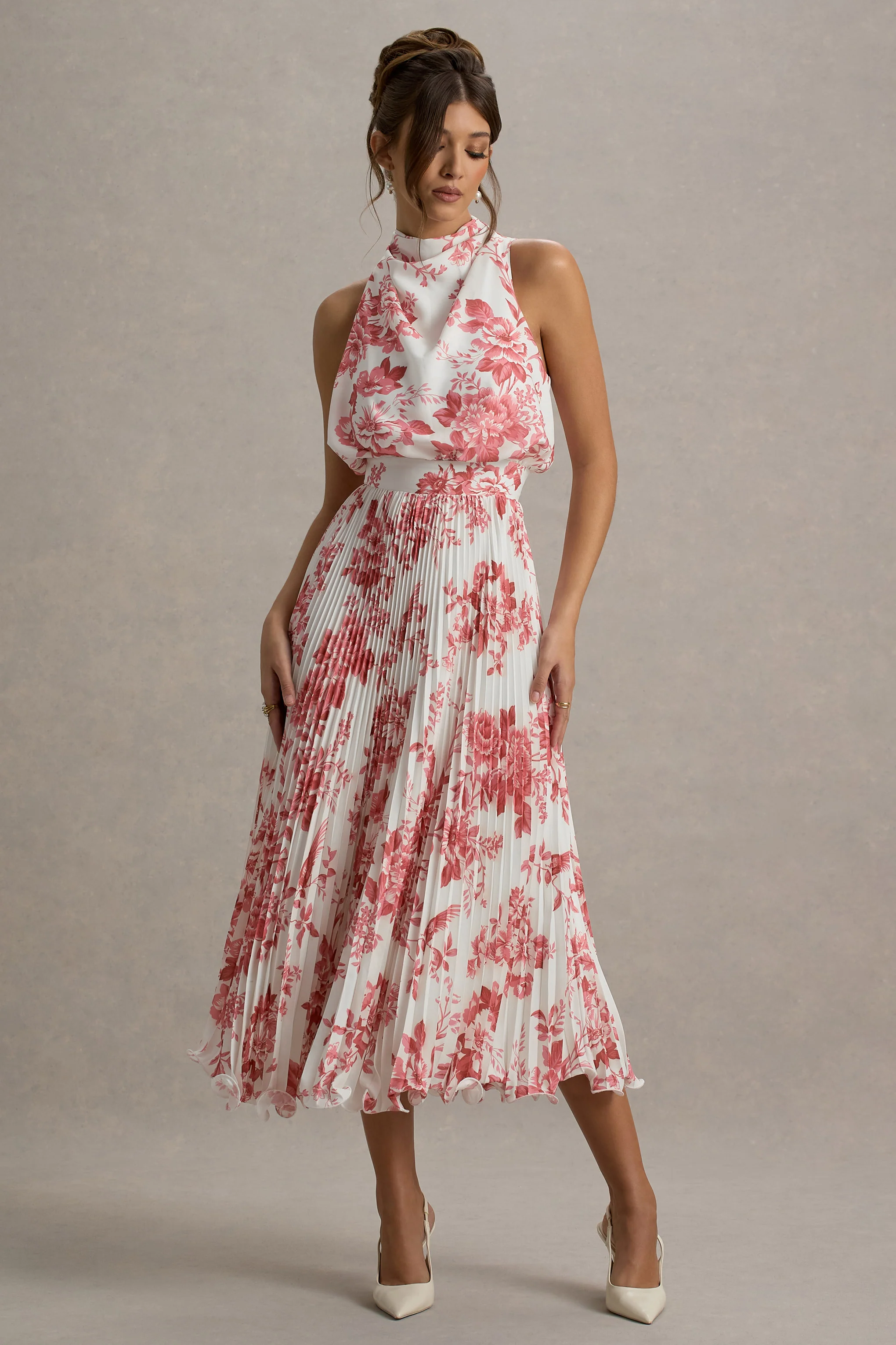 Nila | Pink Porcelain Print Cowl-Neck Midi Dress With Plisse Skirt - Image 6