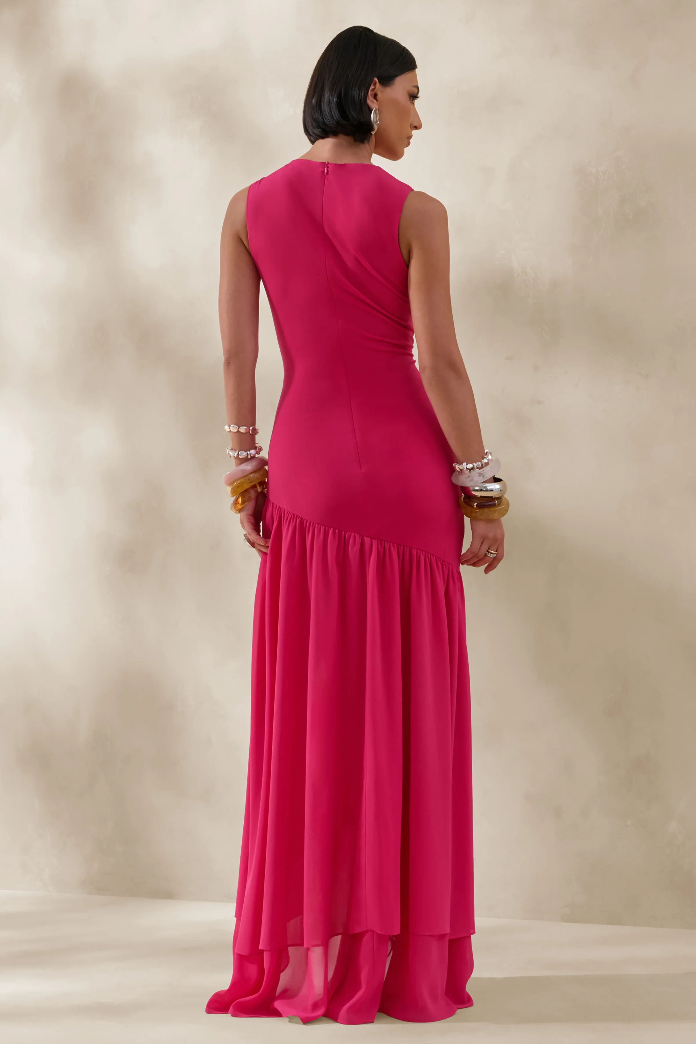 Noelia | Hot Pink High-Neck Maxi Dress With Ruffled Detailing - Image 2