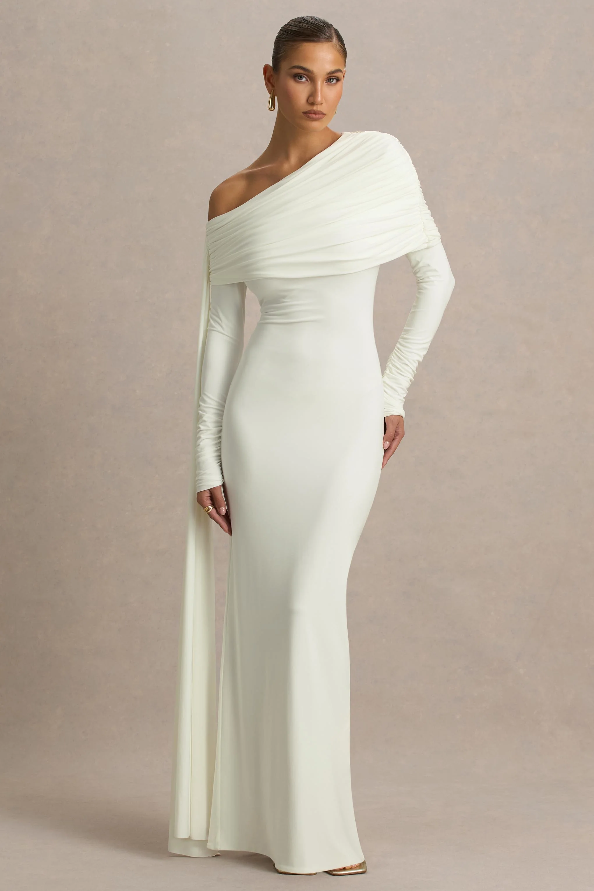 Octavia | Cream Bardot-Neck Maxi Dress With Sash And Ruched Detailing - Image 3