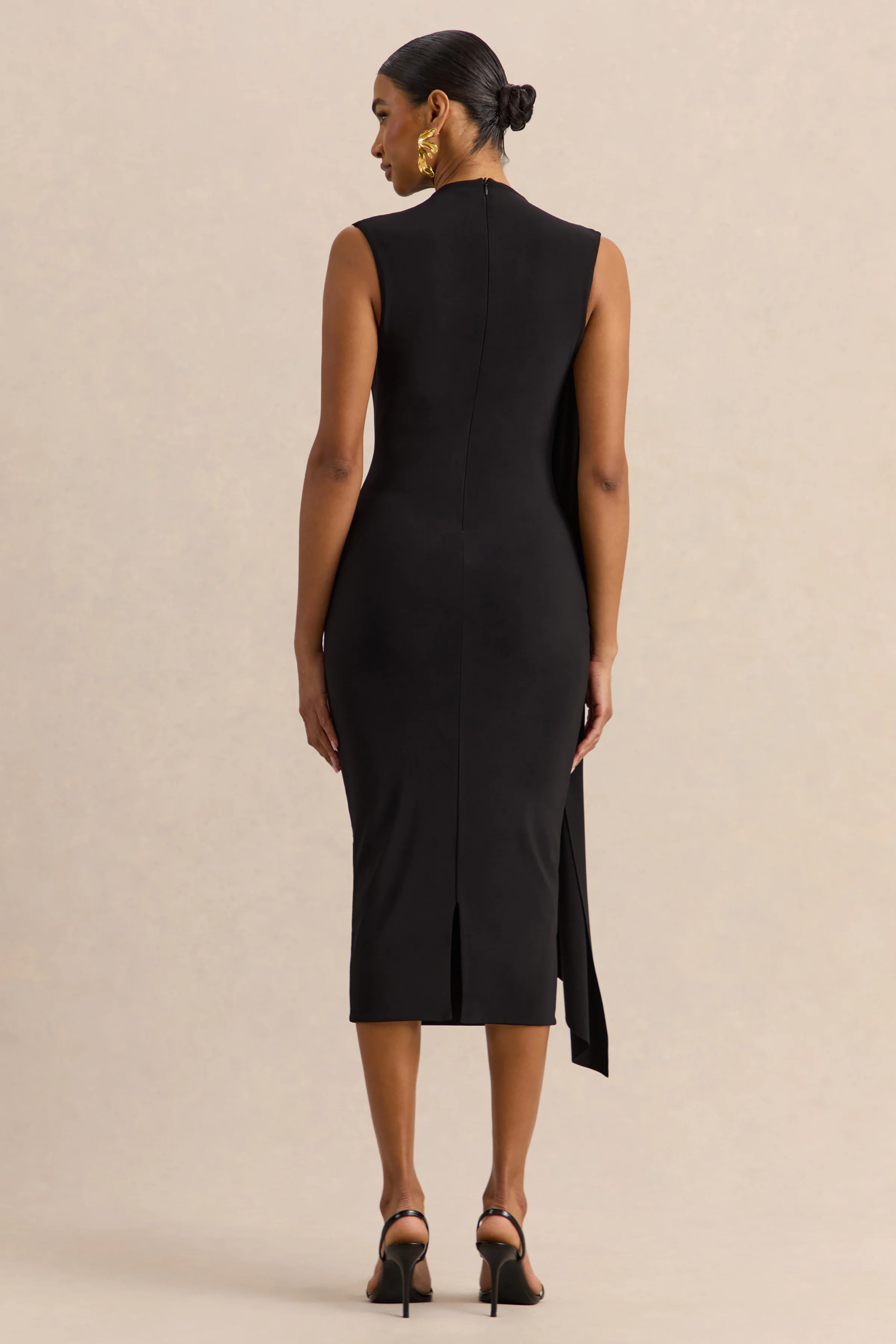 Oleandra | Black High-Neck Midi-Dress With Draped-Detail - Image 2