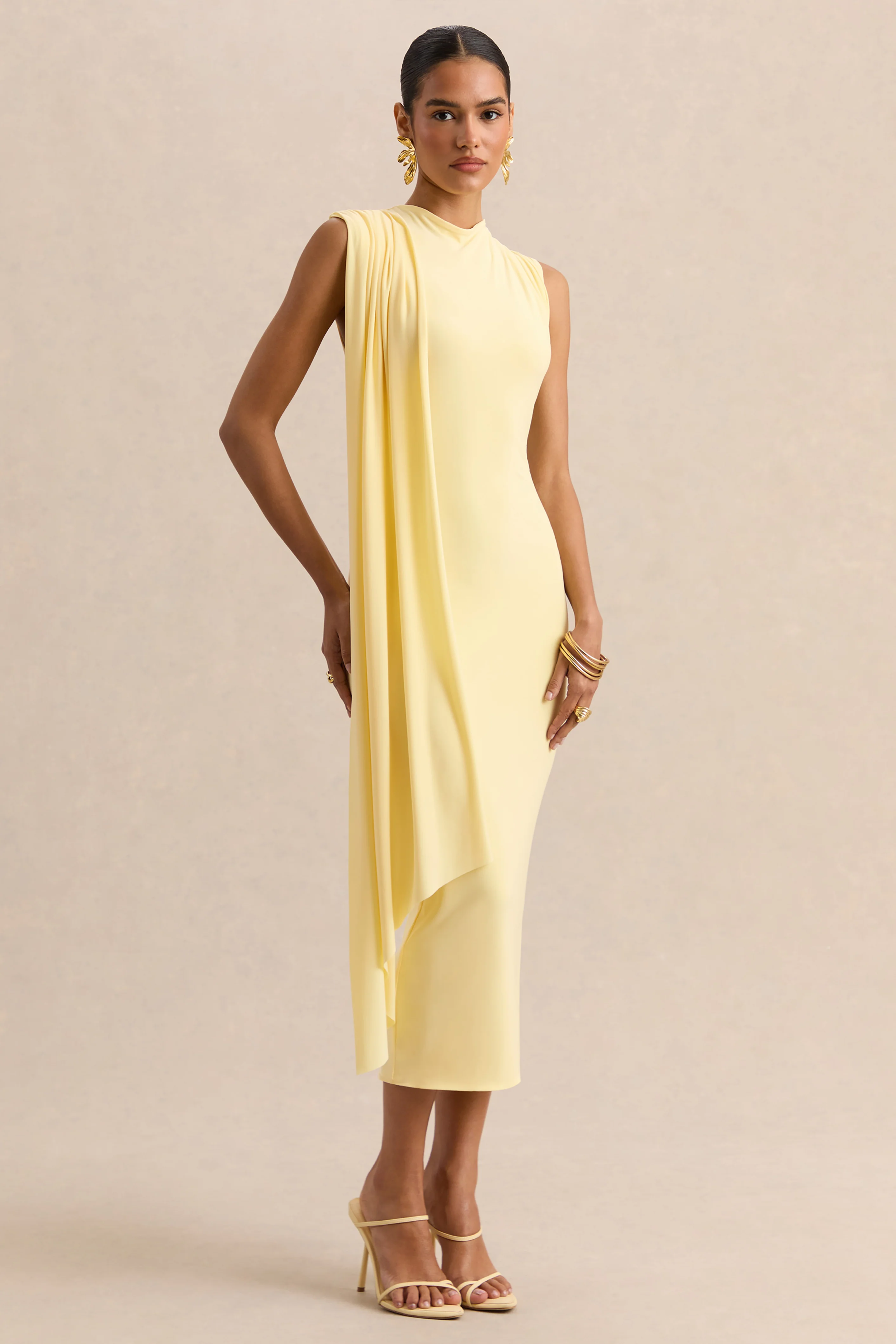 Oleandra | Lemon High-Neck Midi-Dress With Draped-Detail - Image 4