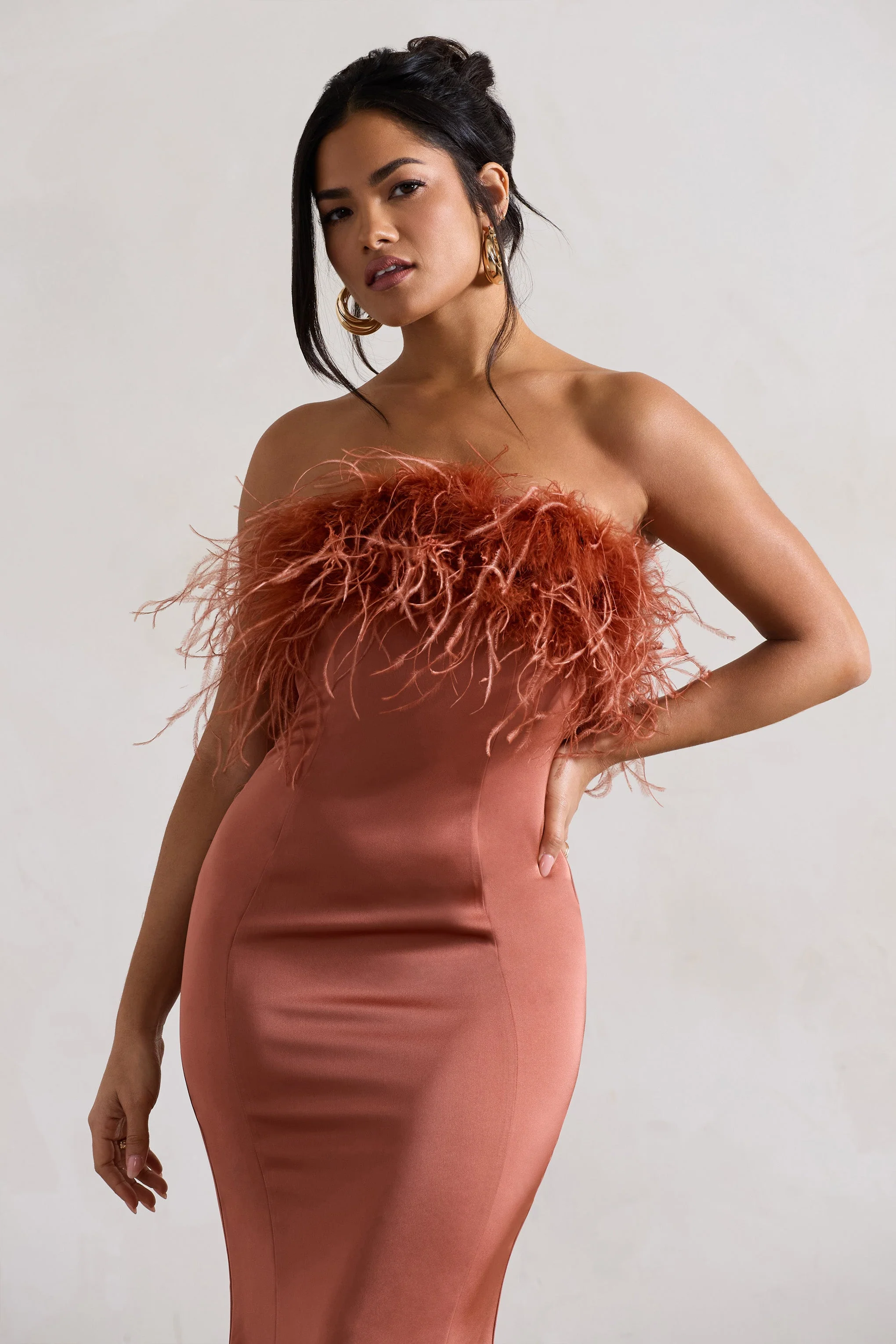 One And Only | Rust Satin Feather Trim Bandeau Midi Dress - Image 3