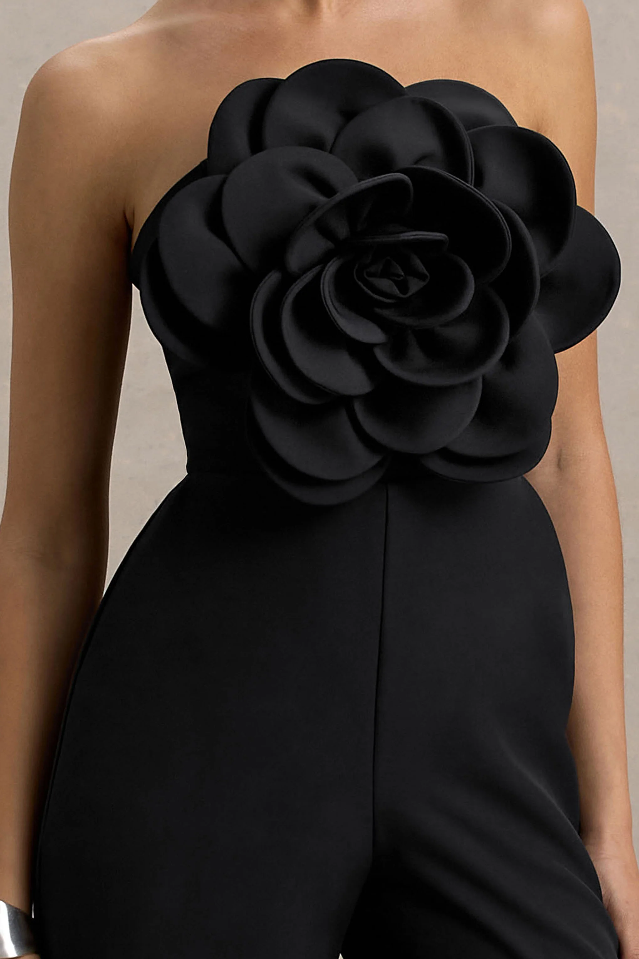Opia | Black Bandeau Wide-Leg Jumpsuit With Large Floral Corsage - Image 2