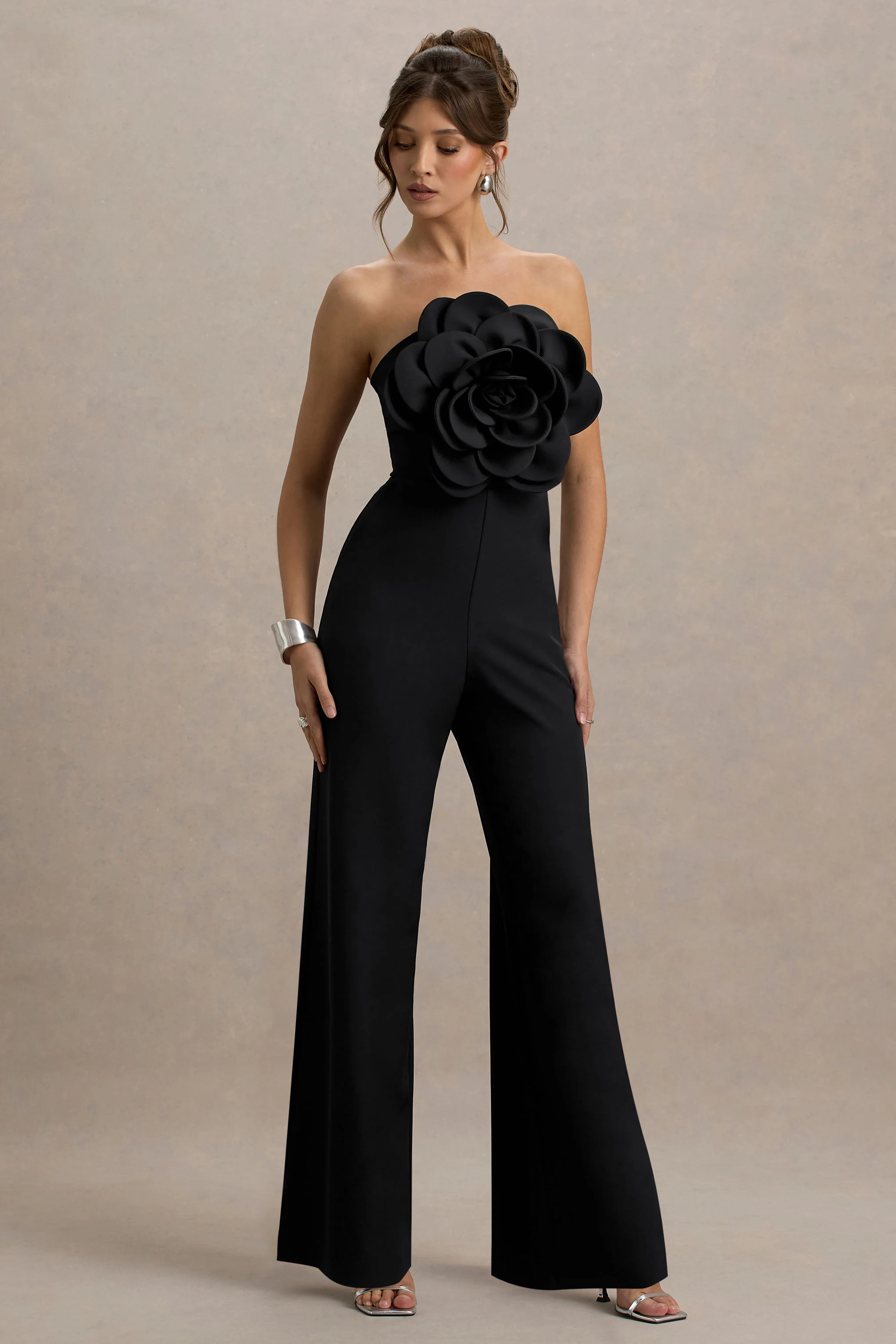 Opia | Black Bandeau Wide-Leg Jumpsuit With Large Floral Corsage - Image 3