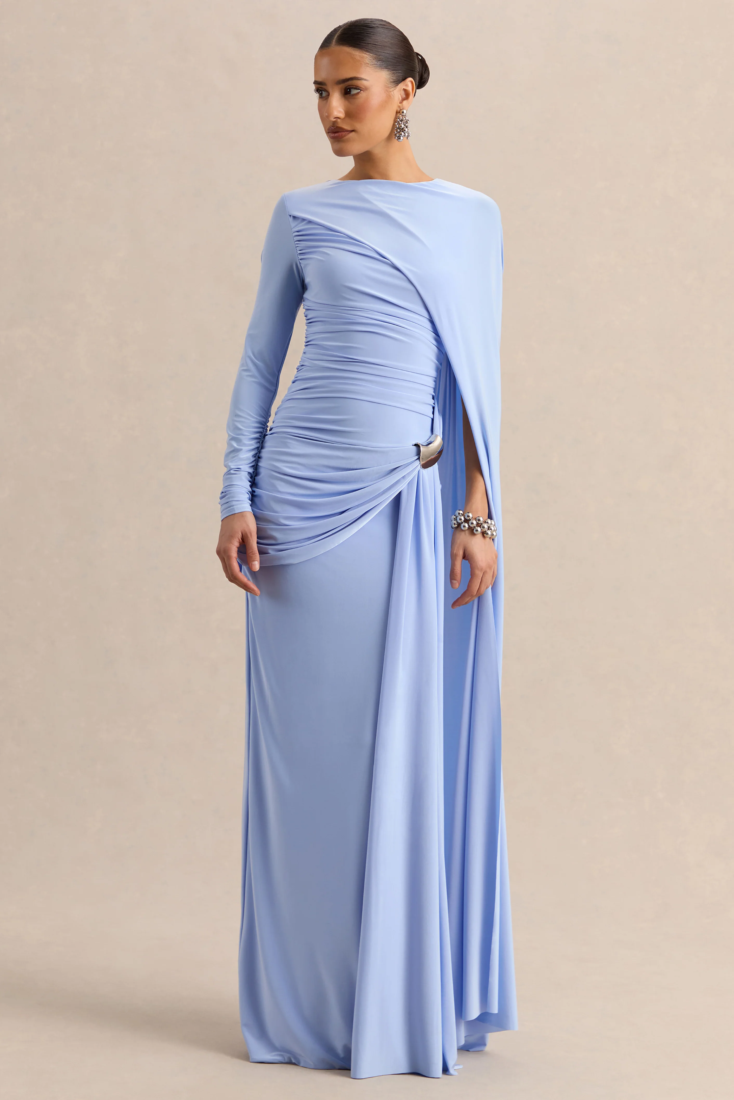 Orintha | Powder Blue Wide-Neck Maxi Dress With Cape And Gold-Detail - Image 5