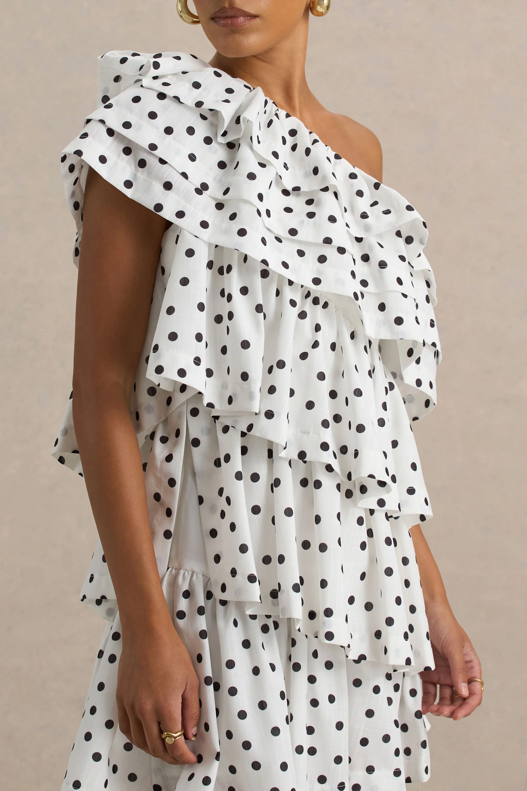 Orla | White Polka Dot Asymmetric Ruffled Mini Dress - Image 4