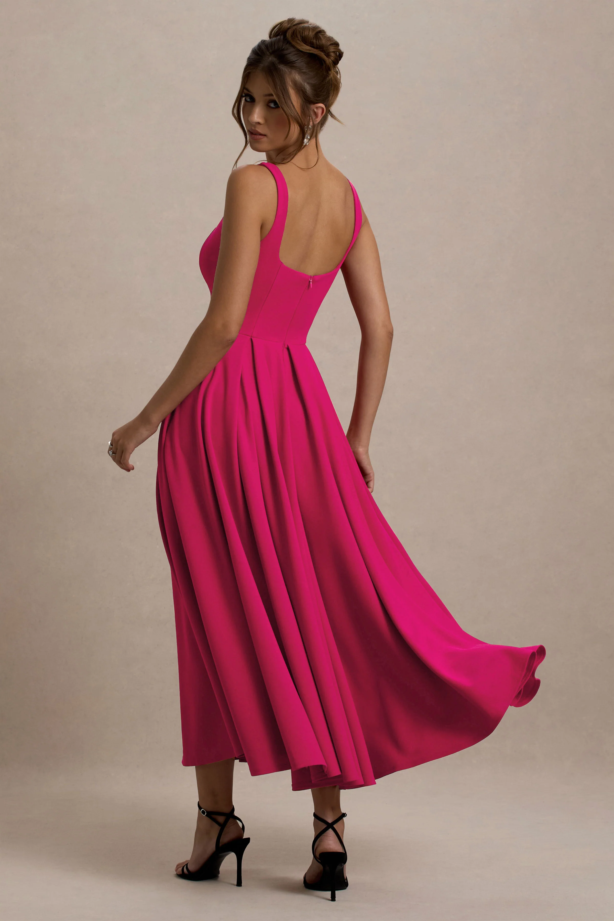 Parina | Hot Pink Strappy Volume-Hem Midi Dress - Image 2