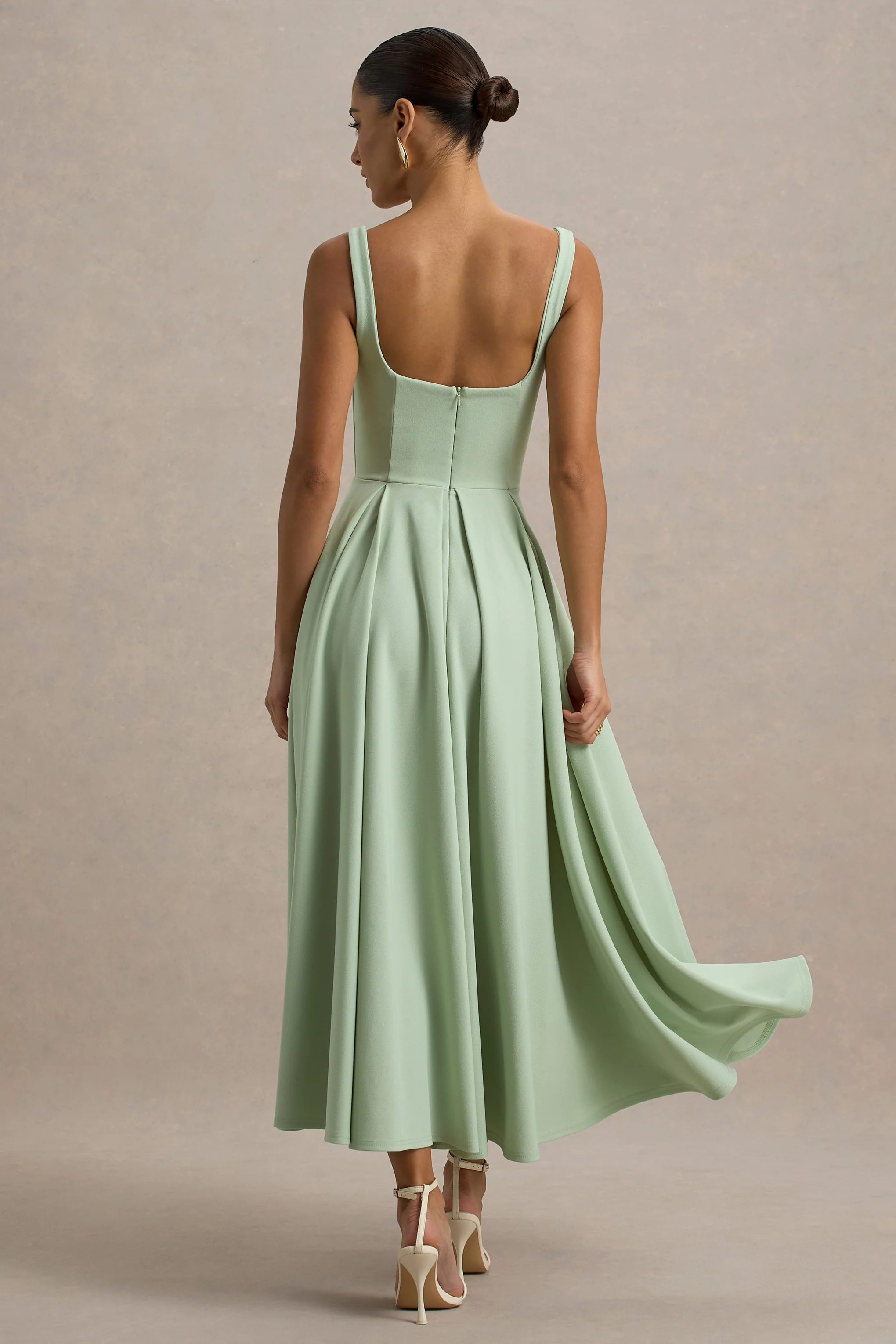 Parina | Light Green Strappy Volume-Hem Midi Dress - Image 2