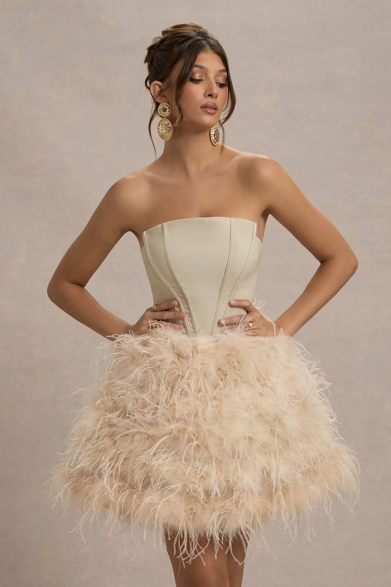 Peaches | Champagne Strapless Mini Dress With Volume Feather Hem - Image 2