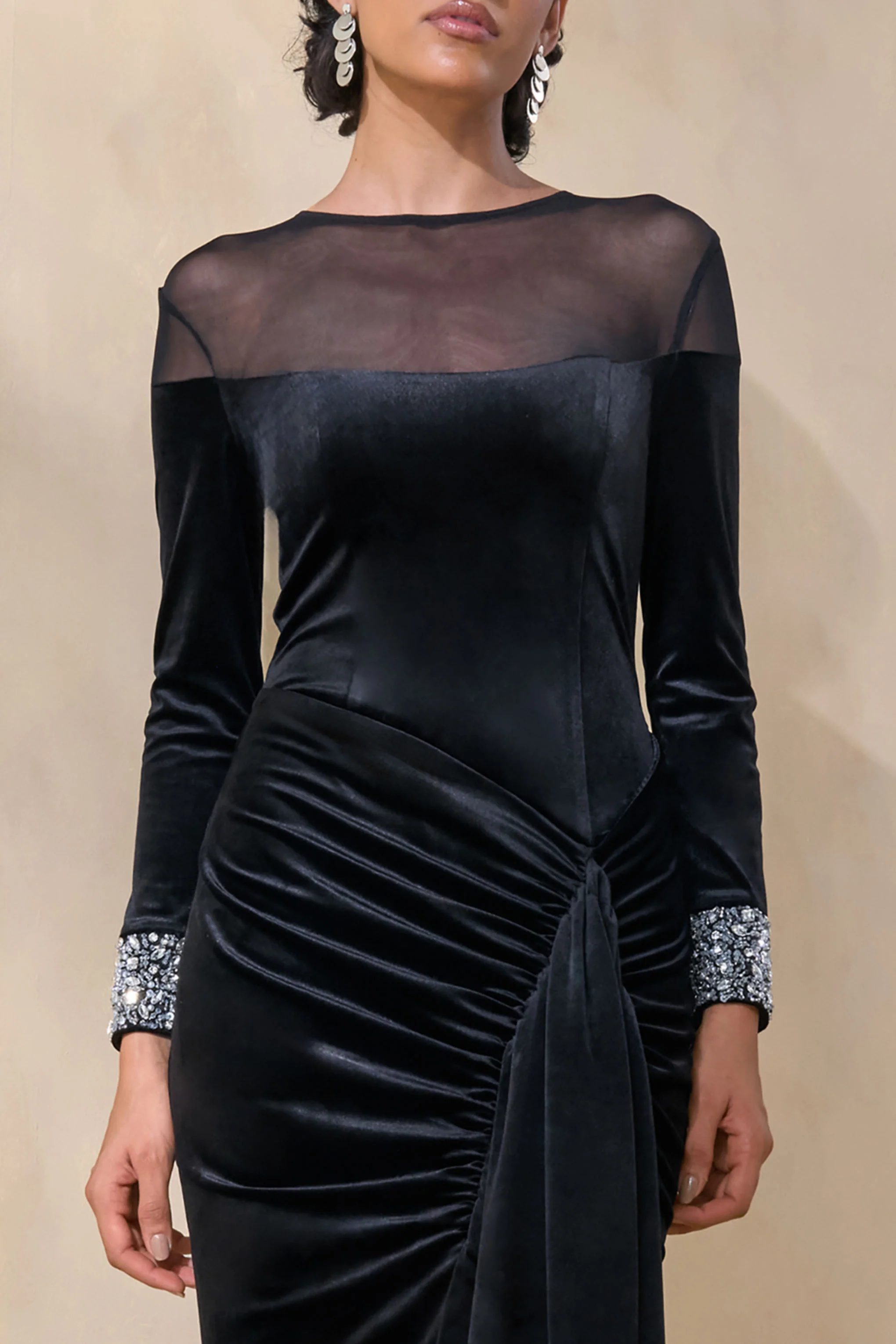 Perrin | Black Velvet Crew-Neck Maxi Dress With Embellished Cuffs - Image 3