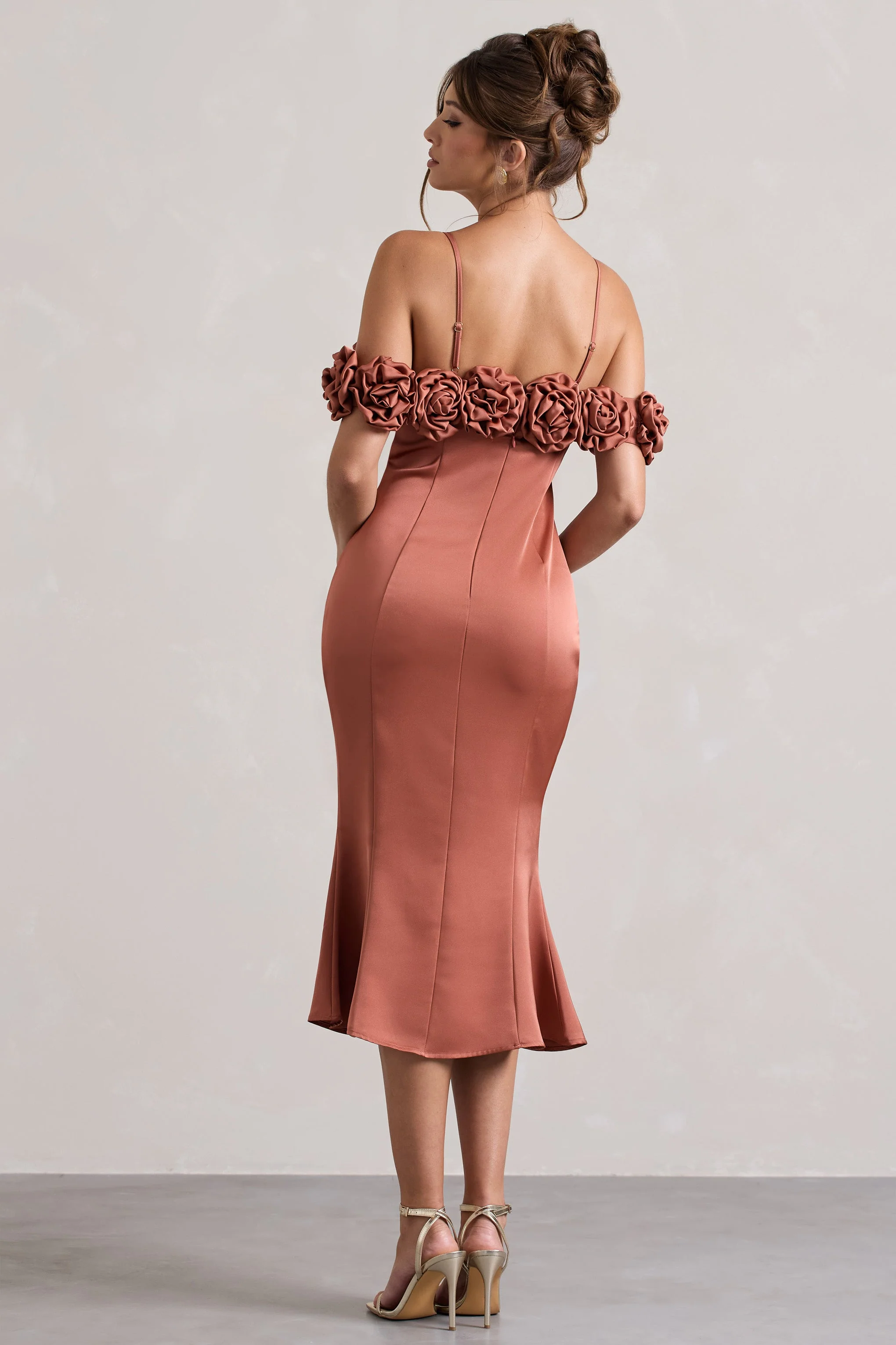 Petunia | Rust Satin Floral Bardot Midi Dress - Image 2