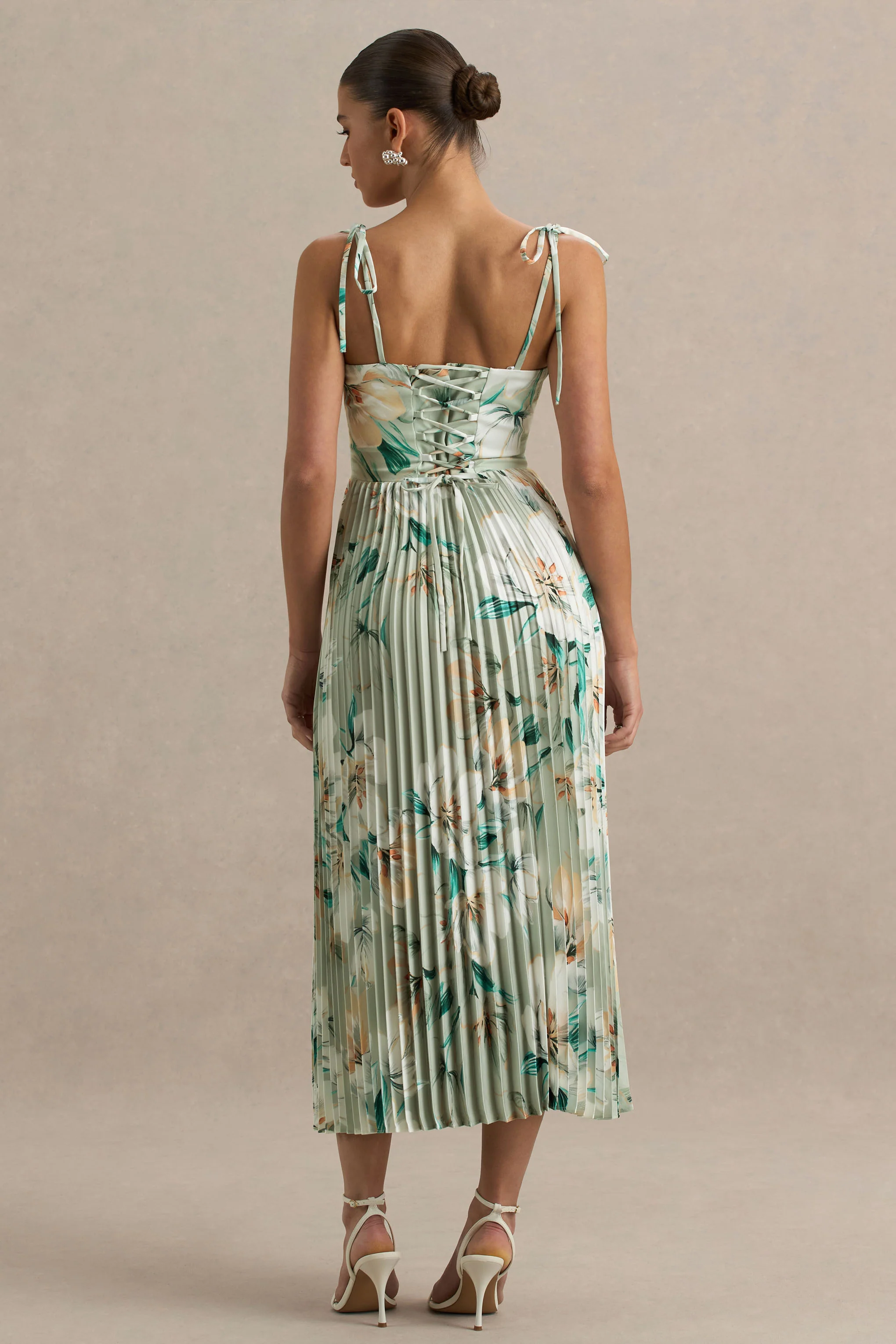 Peyton | Green Floral Print Satin Sweetheart-Neck Midi Dress With Pleated Details - Image 2