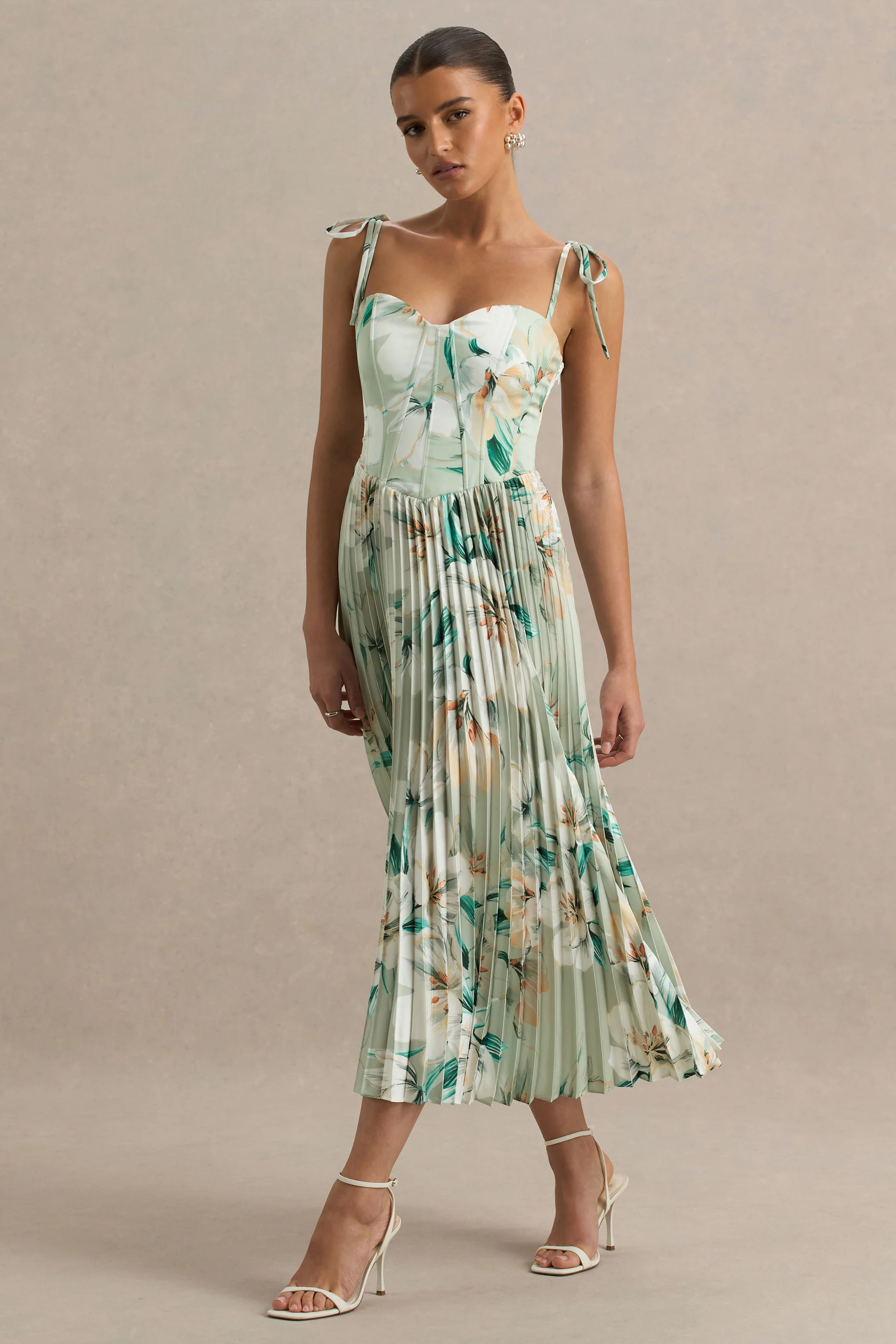 Peyton | Green Floral Print Satin Sweetheart-Neck Midi Dress With Pleated Details - Image 3