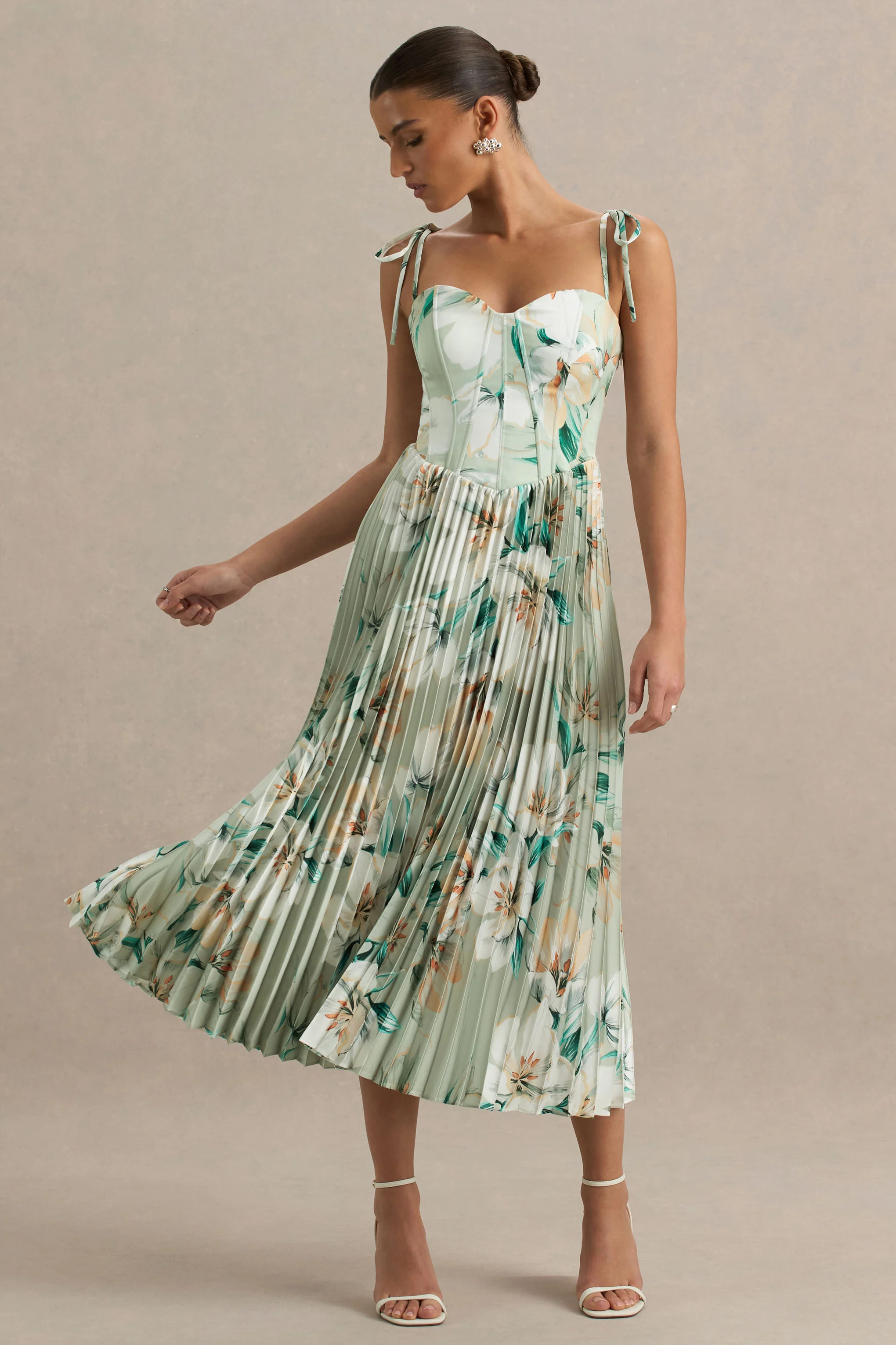 Peyton | Green Floral Print Satin Sweetheart-Neck Midi Dress With Pleated Details - Image 4