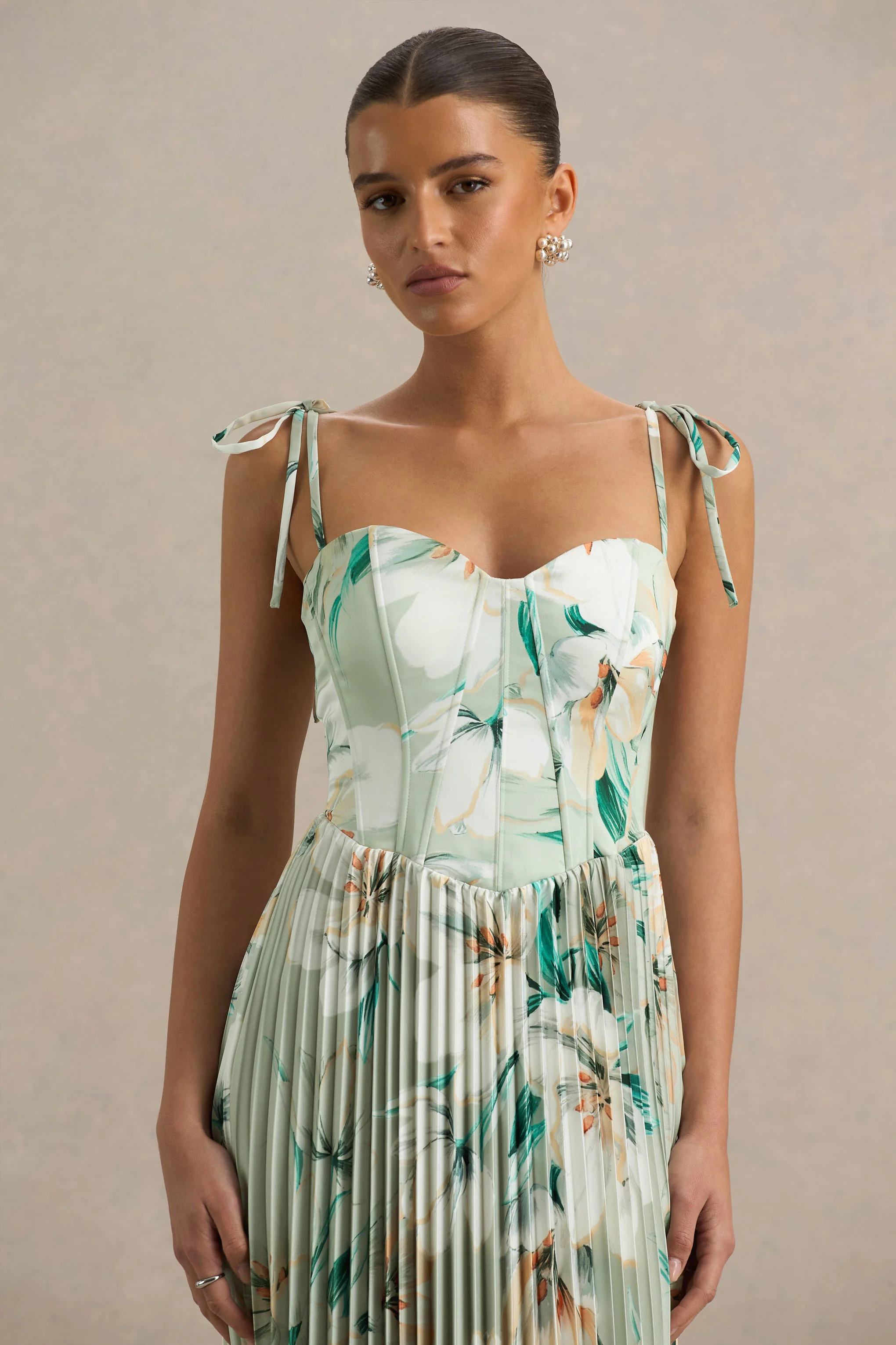 Peyton | Green Floral Print Satin Sweetheart-Neck Midi Dress With Pleated Details - Image 5