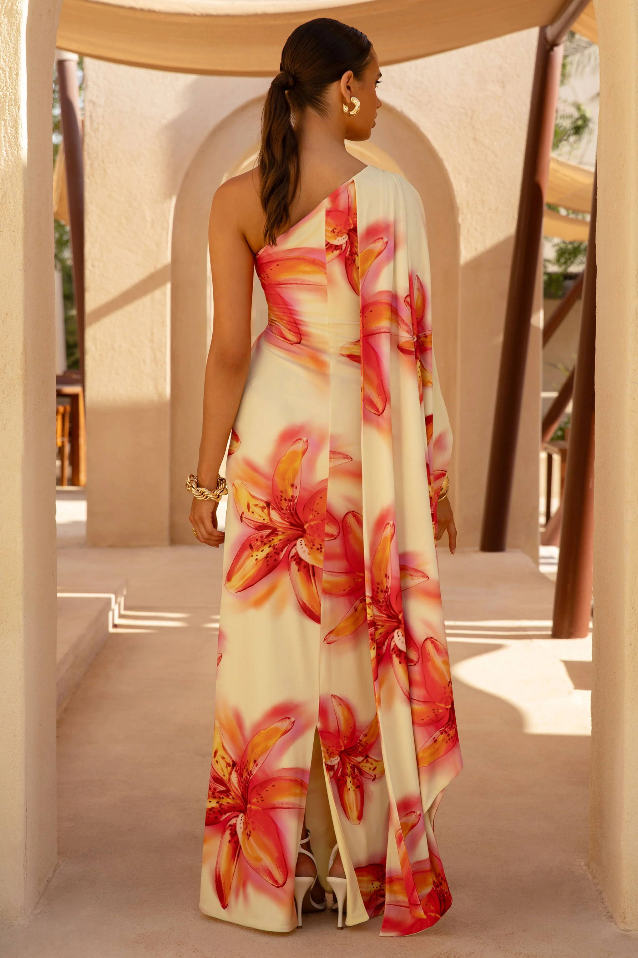 Portia | Lemon Lily Print Asymmetric Maxi Dress With Ruched Detail - Image 2