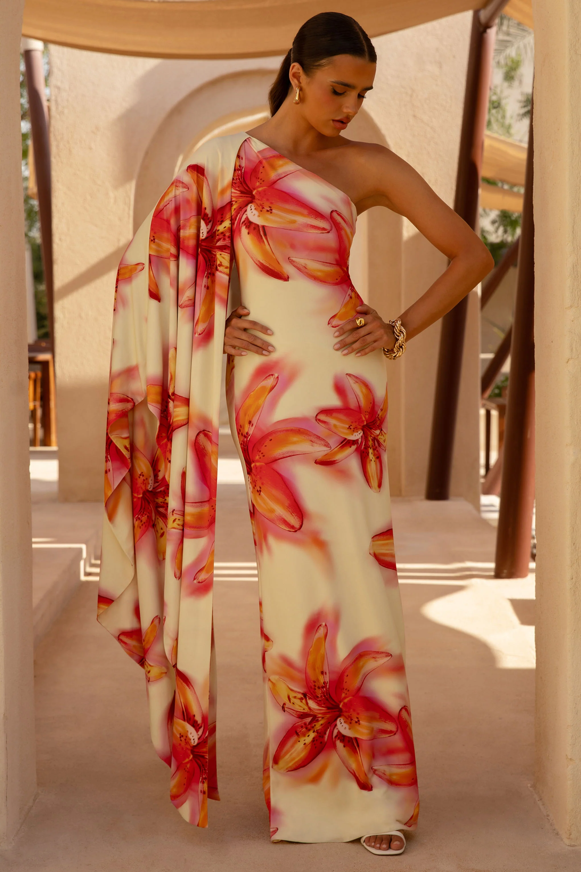Portia | Lemon Lily Print Asymmetric Maxi Dress With Ruched Detail - Image 3