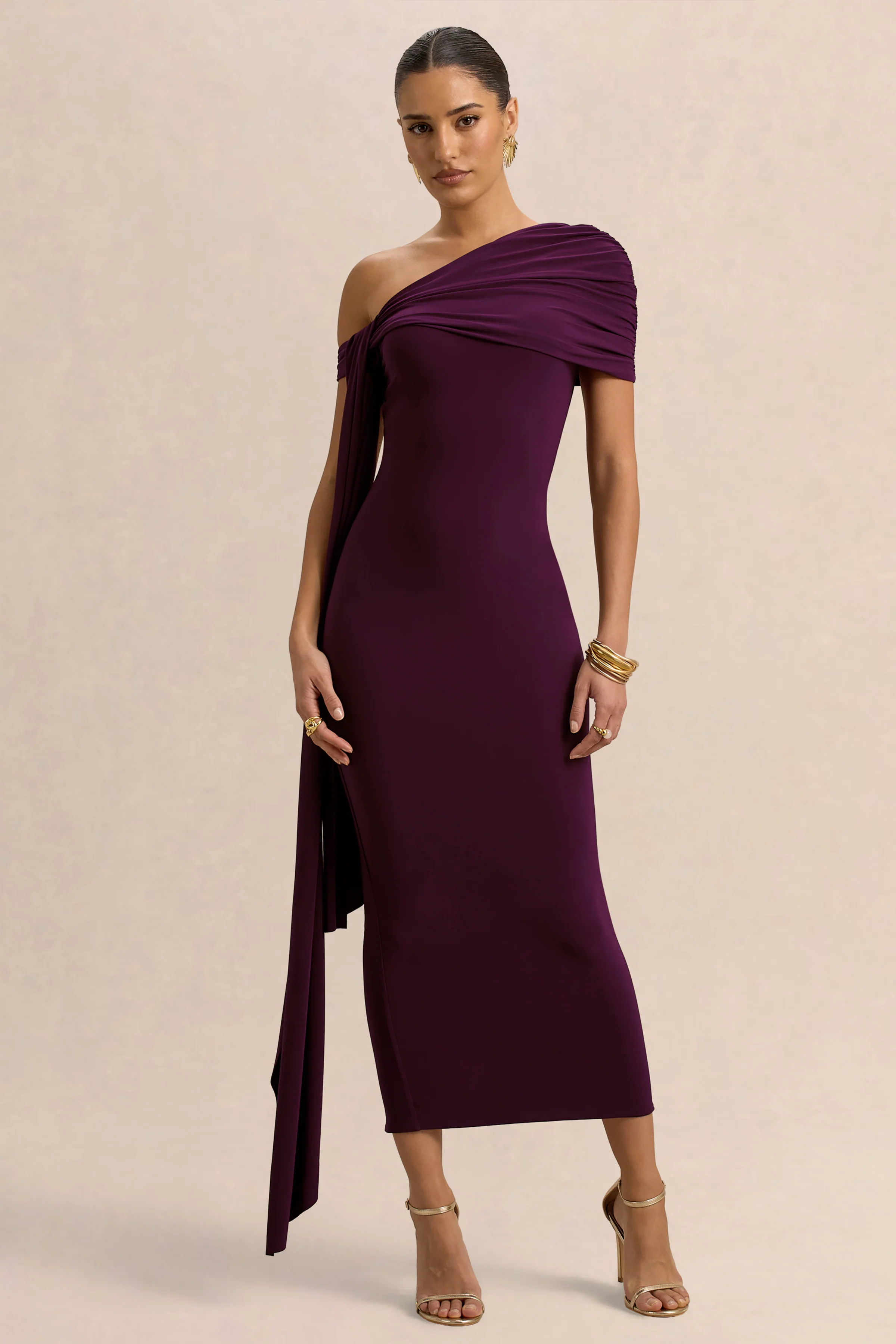 Praia | Plum Asymmetric-Neck Midi Dress With Sash and Draped Detailing - Image 4