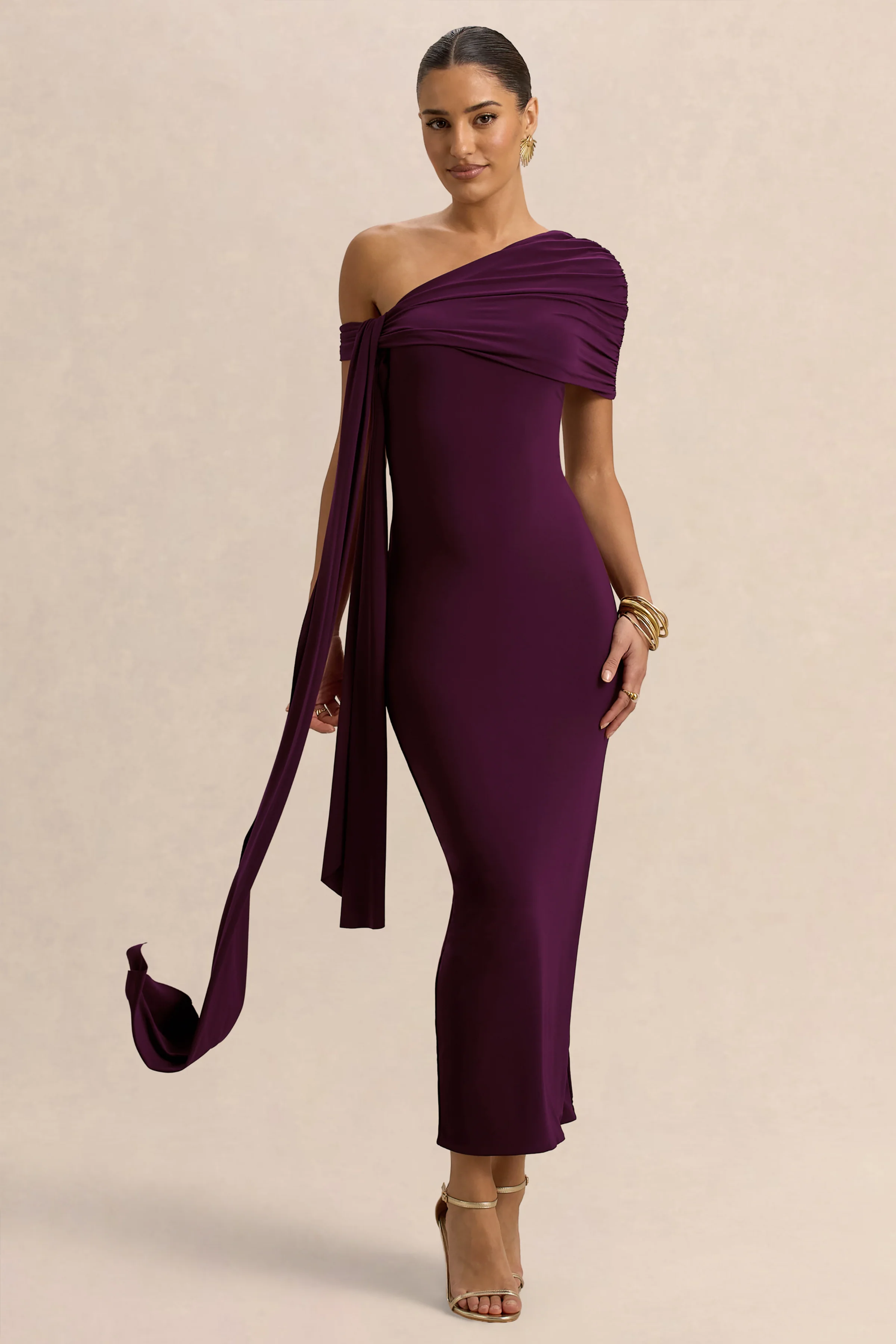 Praia | Plum Asymmetric-Neck Midi Dress With Sash and Draped Detailing - Image 5