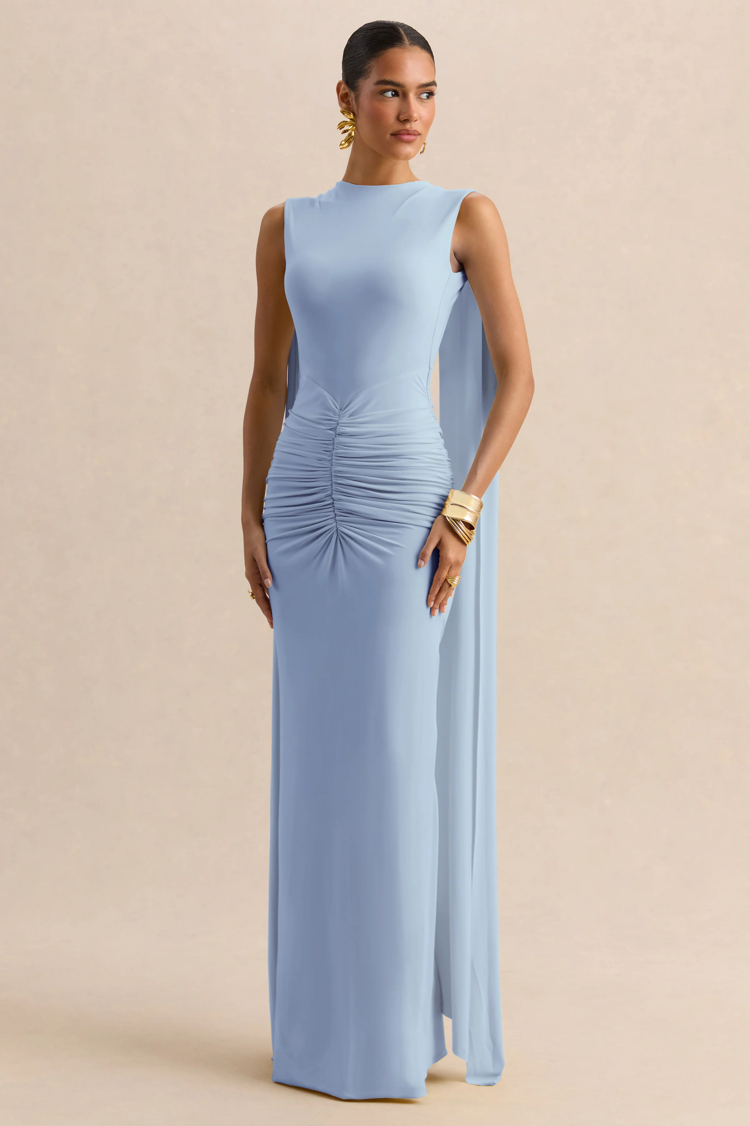 Premiere | Powder Blue Boat-Neck Maxi Dress With Cape-Sleeves And Open-Back - Image 5