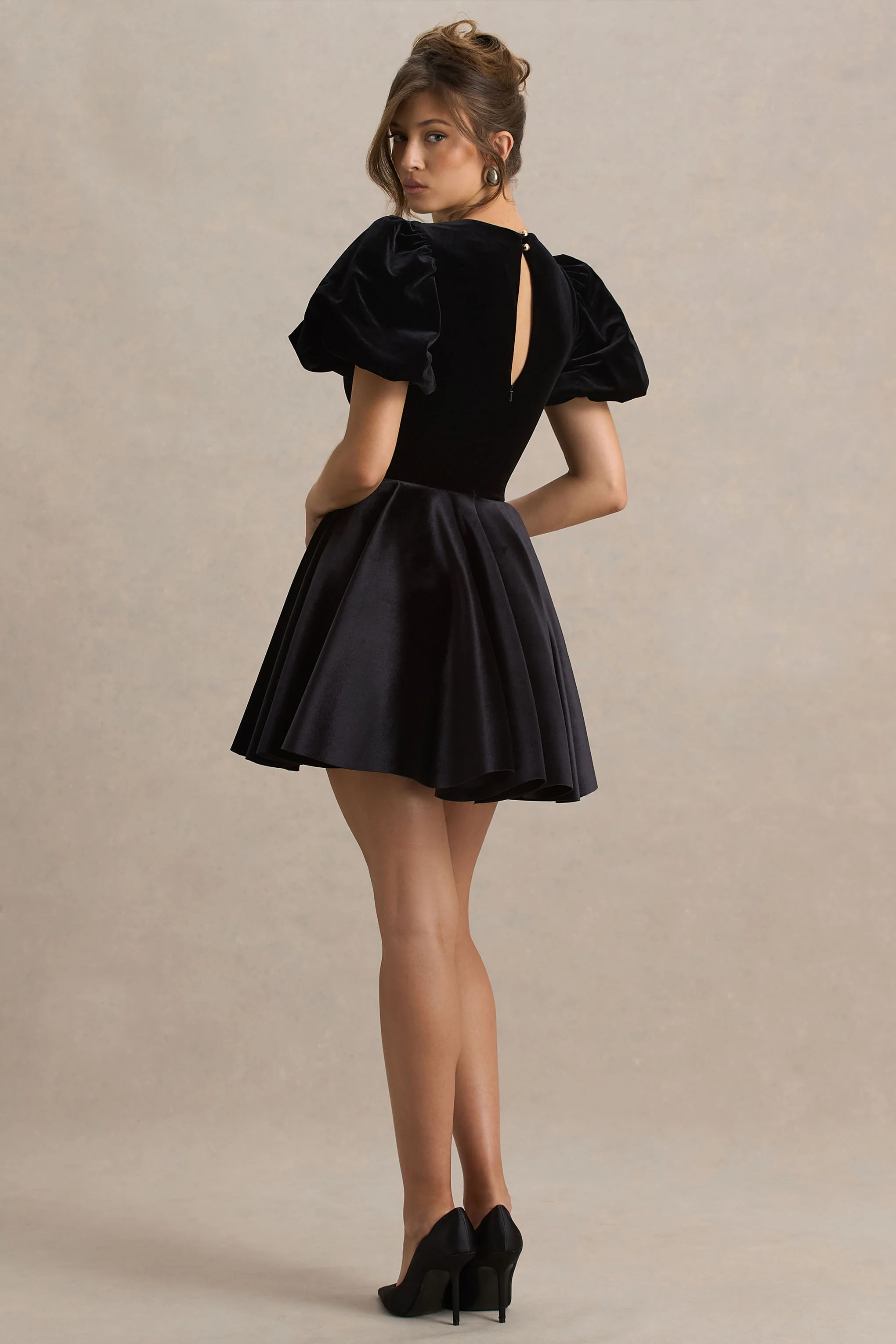 Priya | Black Velvet Mini Dress With Puff Sleeves - Image 2