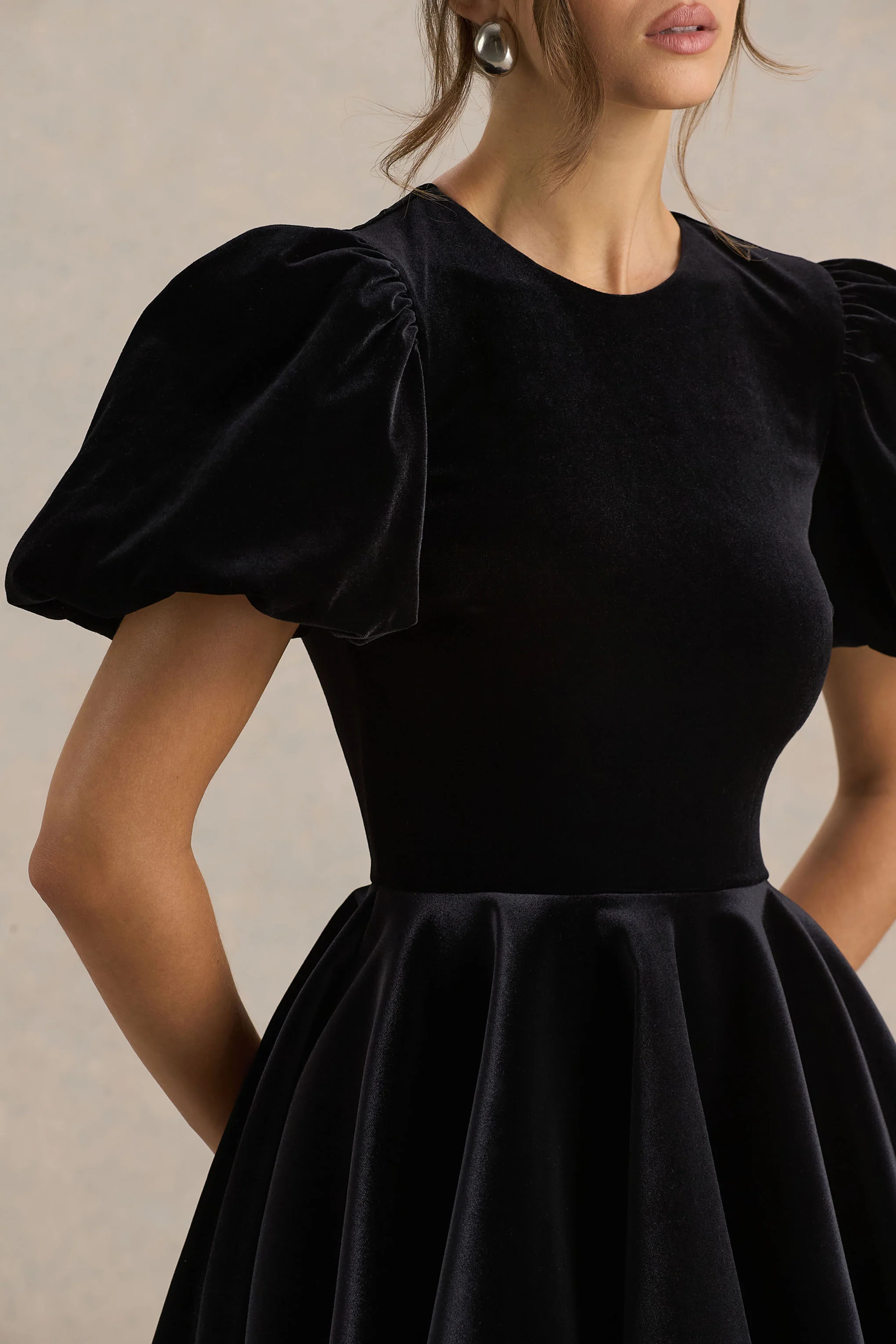 Priya | Black Velvet Mini Dress With Puff Sleeves - Image 3