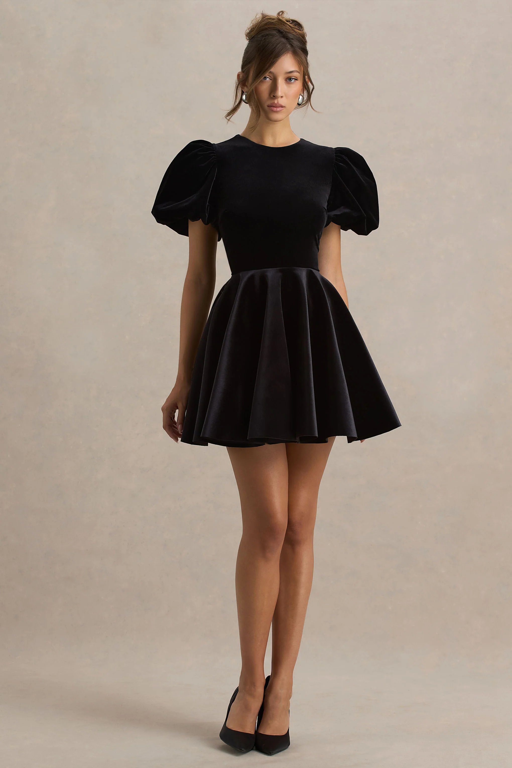 Priya | Black Velvet Mini Dress With Puff Sleeves - Image 5