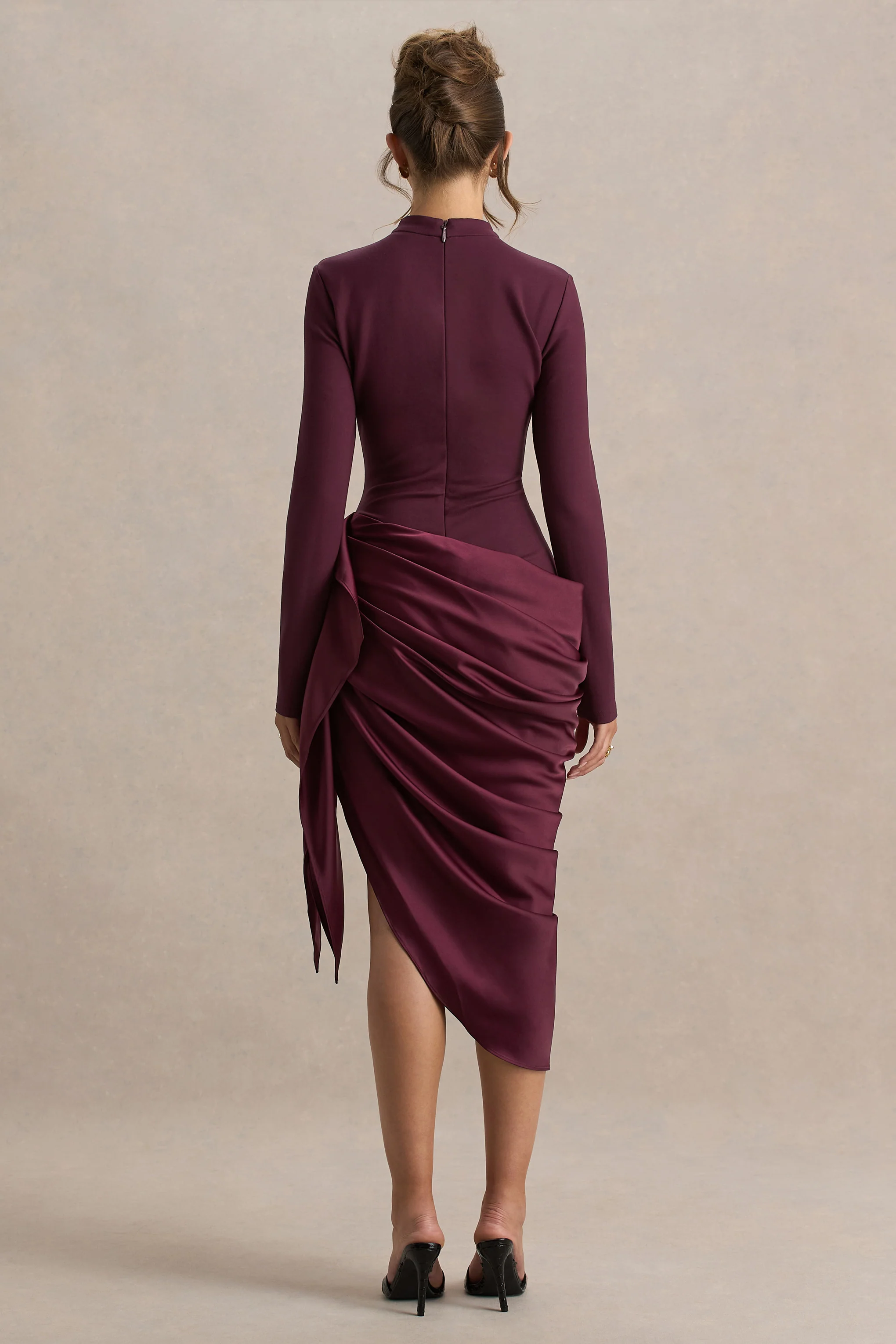 Raffie | Plum Long-Sleeve Midi Dress With Satin Wrap Skirt - Image 2