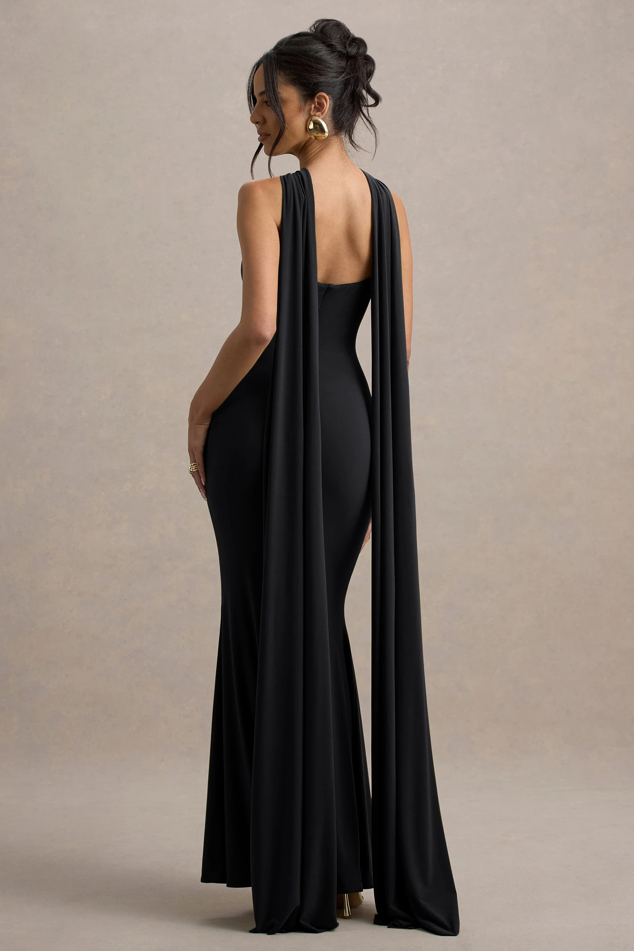 Rhoda | Black Twist Halter-Neck Cape Maxi Dress - Image 2