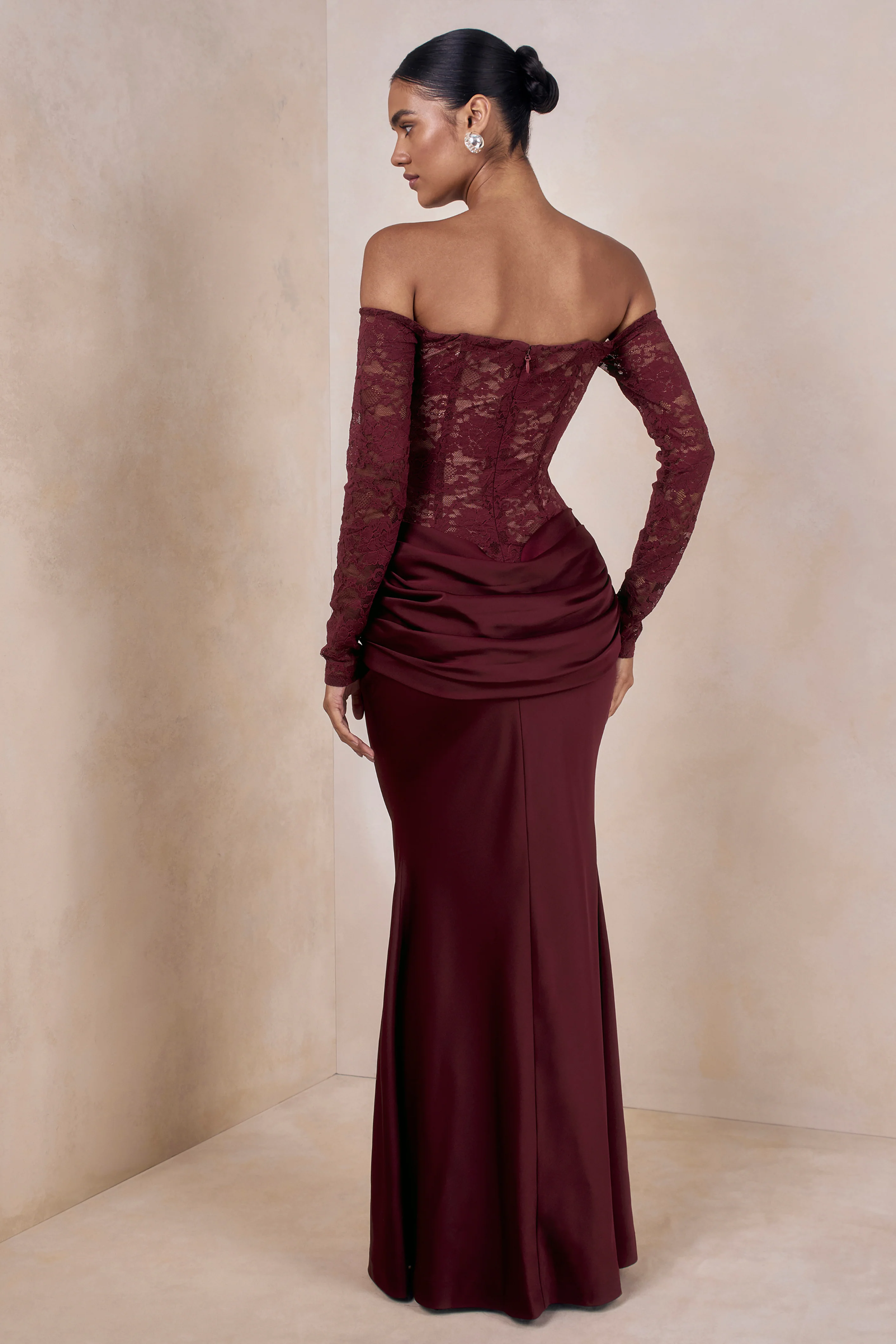 Rinna | Burgundy Lace Bardot-Neck Maxi Dress - Image 2