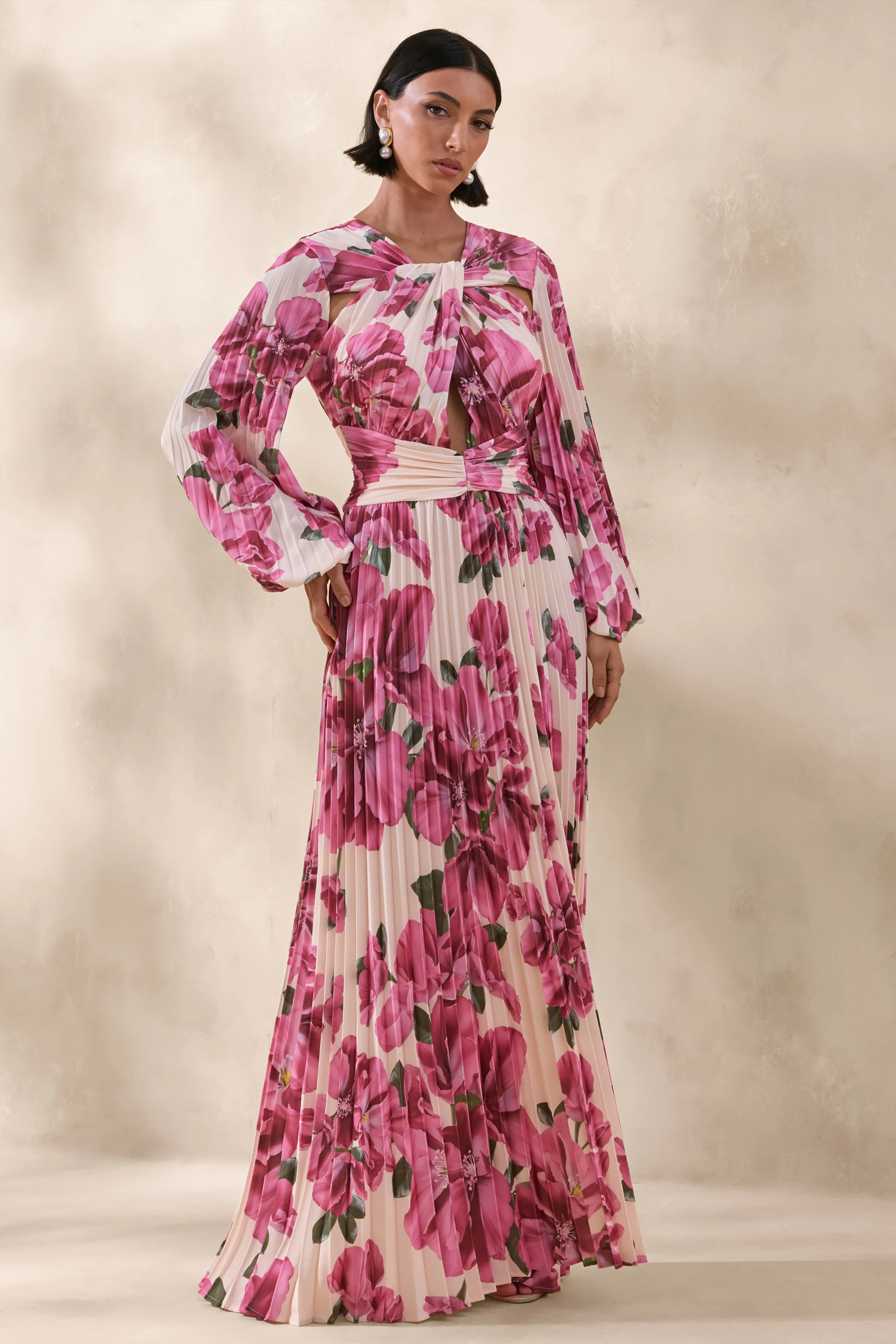 Rionna | Pink Hibiscus Print High-Neck Maxi Dress With Cut-Out Detailing - Image 2