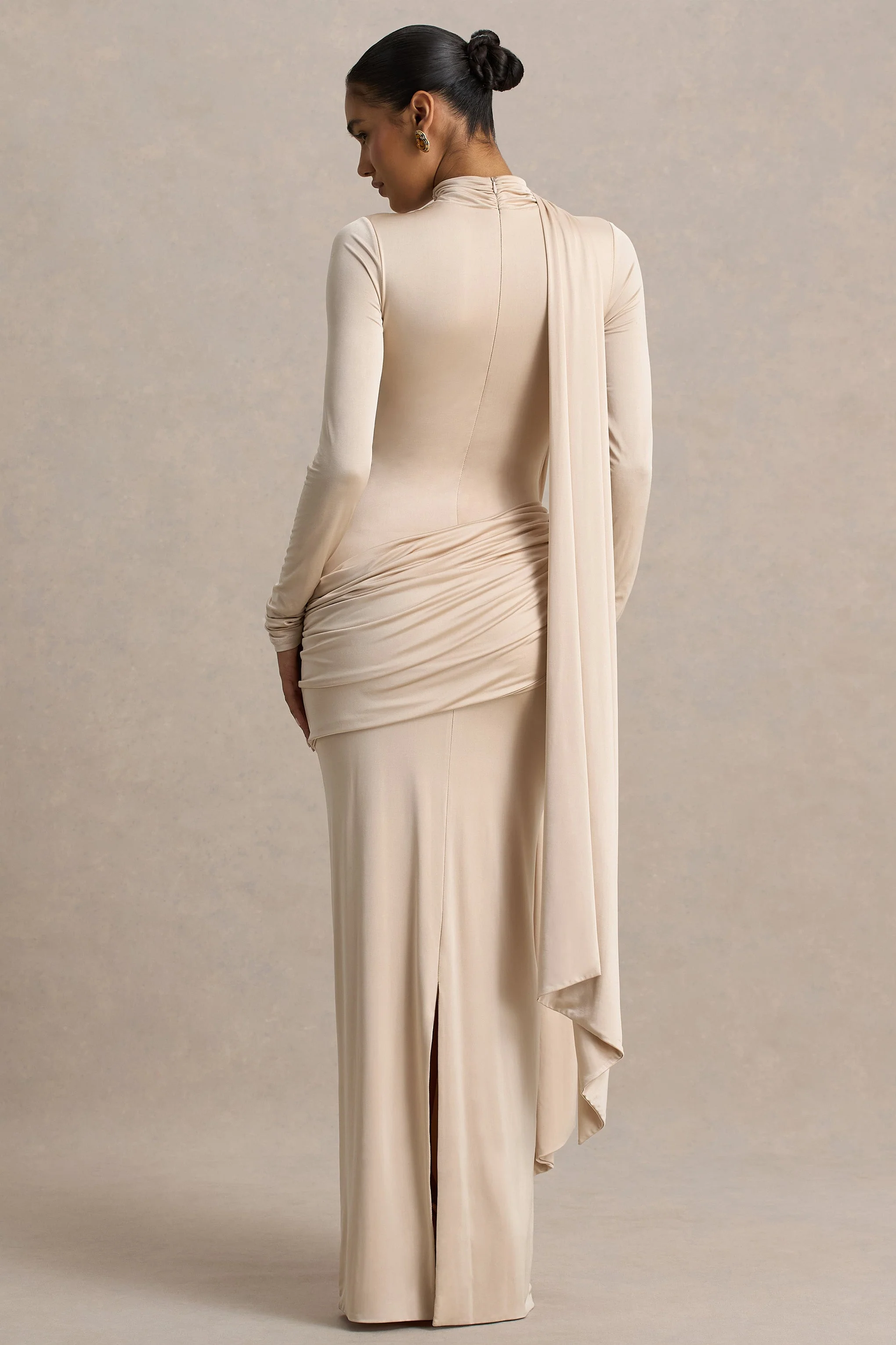 Romi | Champagne High-Neck Maxi Dress With Ruched Detailing - Image 2