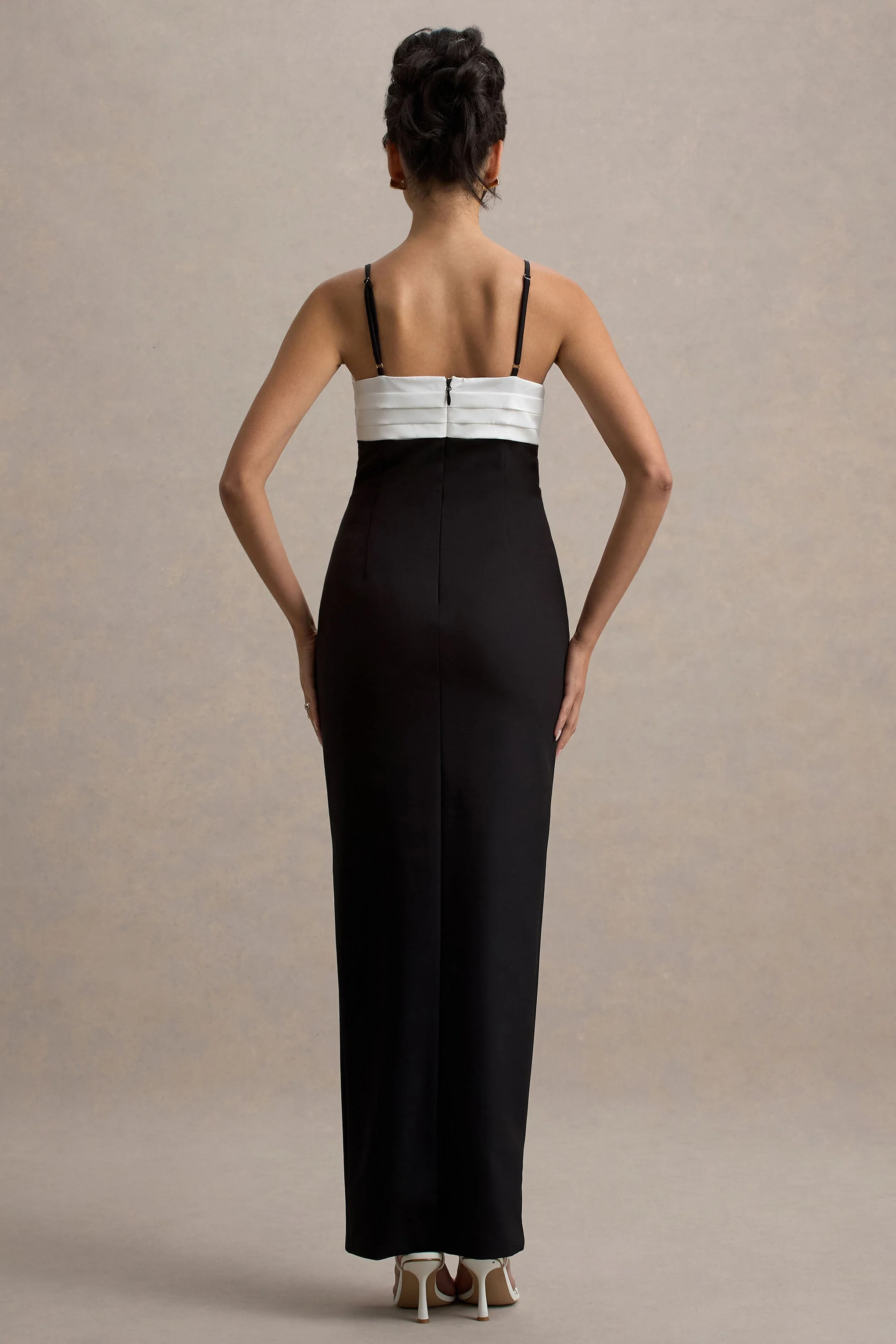 Rosalind | Black & White Strappy Tailored Maxi Dress With Split - Image 2