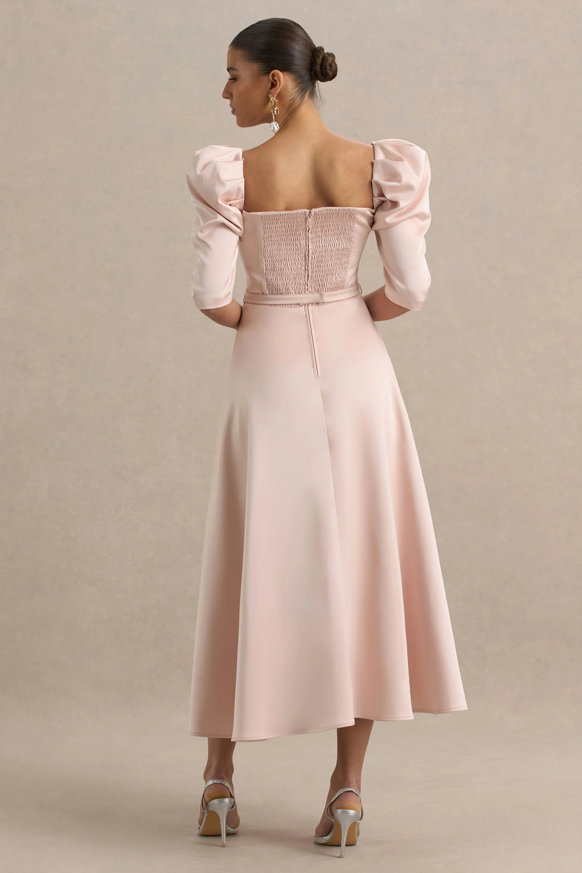 Rosey | Pale Pink Satin Sweetheart Midi Dress - Image 2