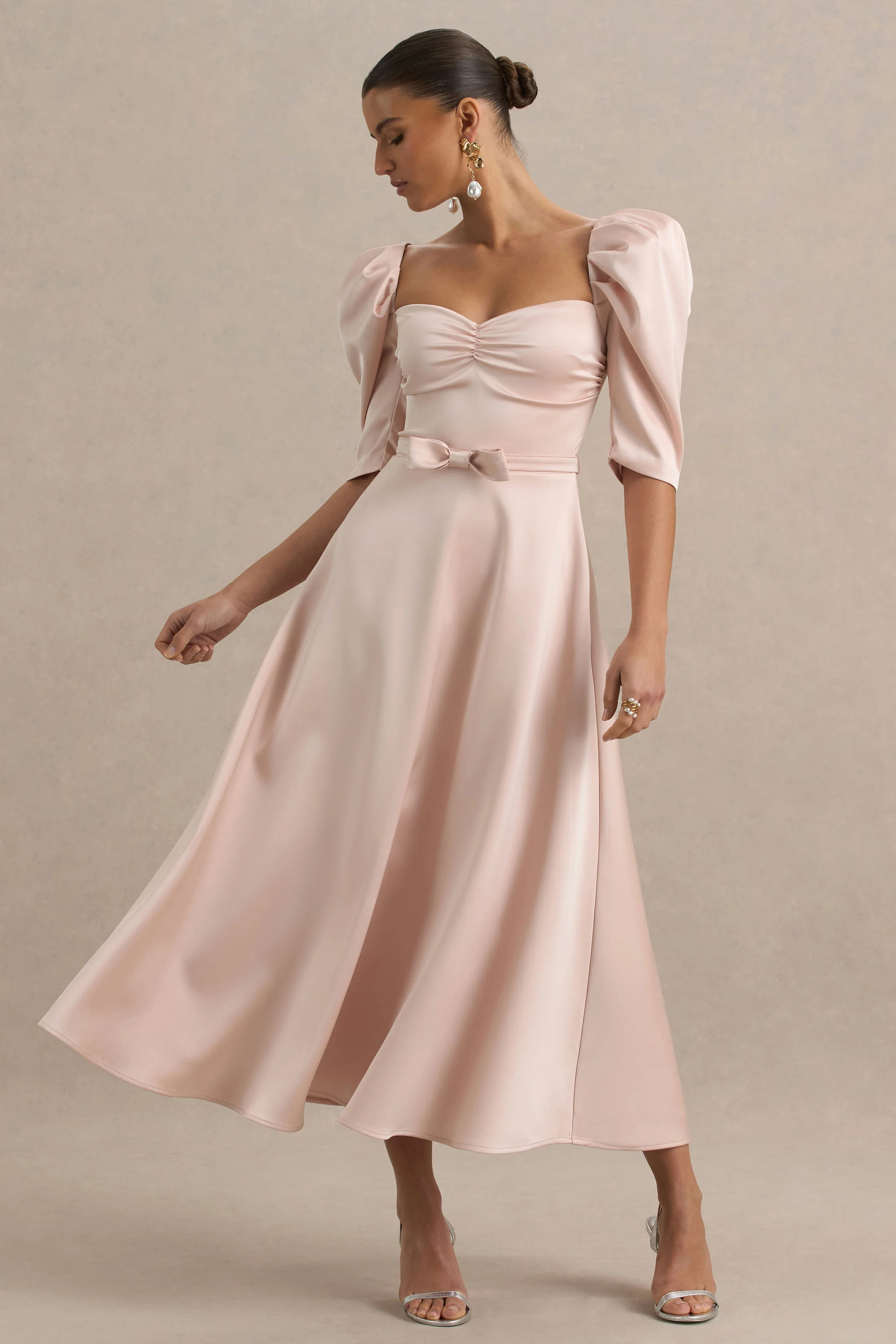 Rosey | Pale Pink Satin Sweetheart Midi Dress - Image 3