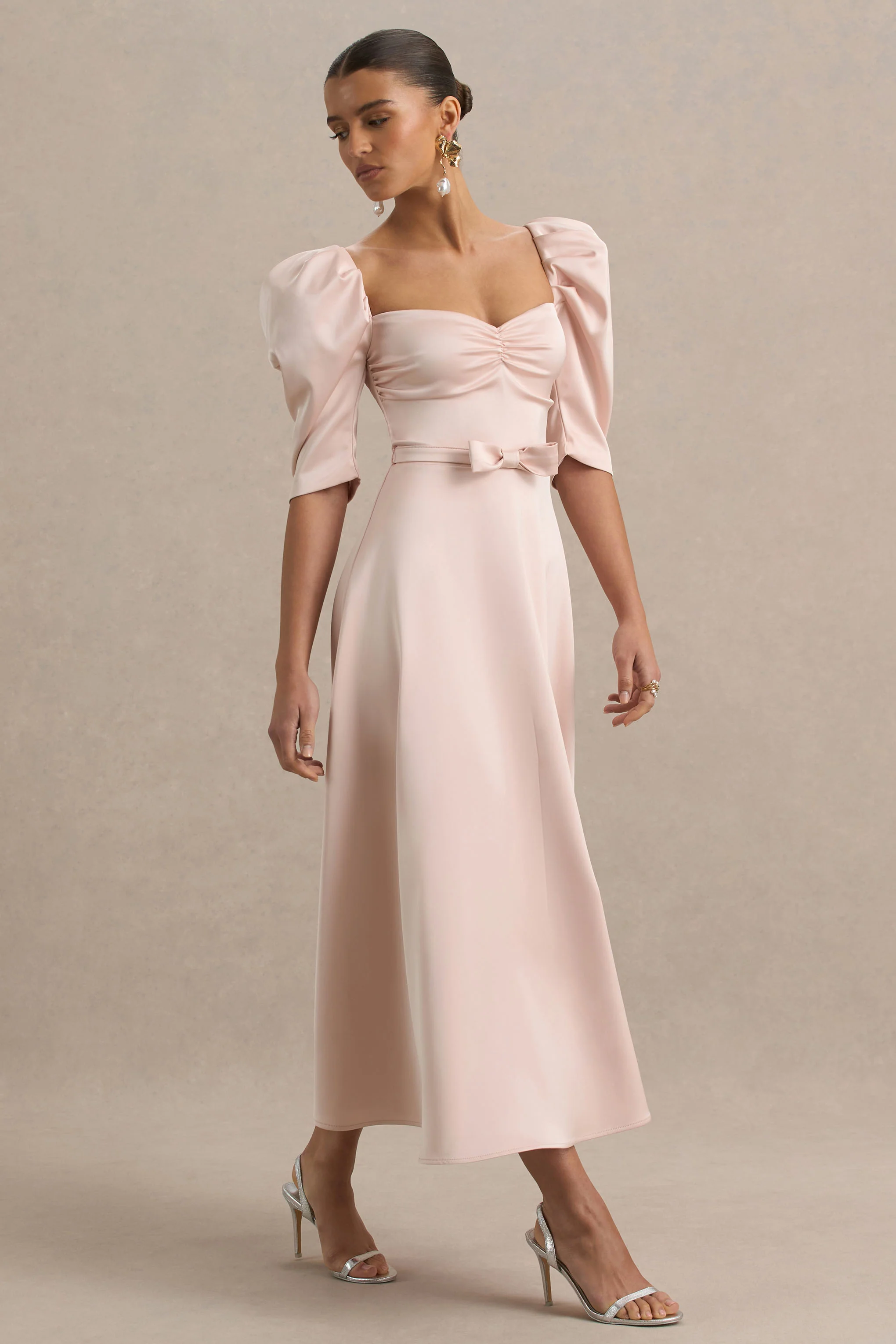 Rosey | Pale Pink Satin Sweetheart Midi Dress - Image 4