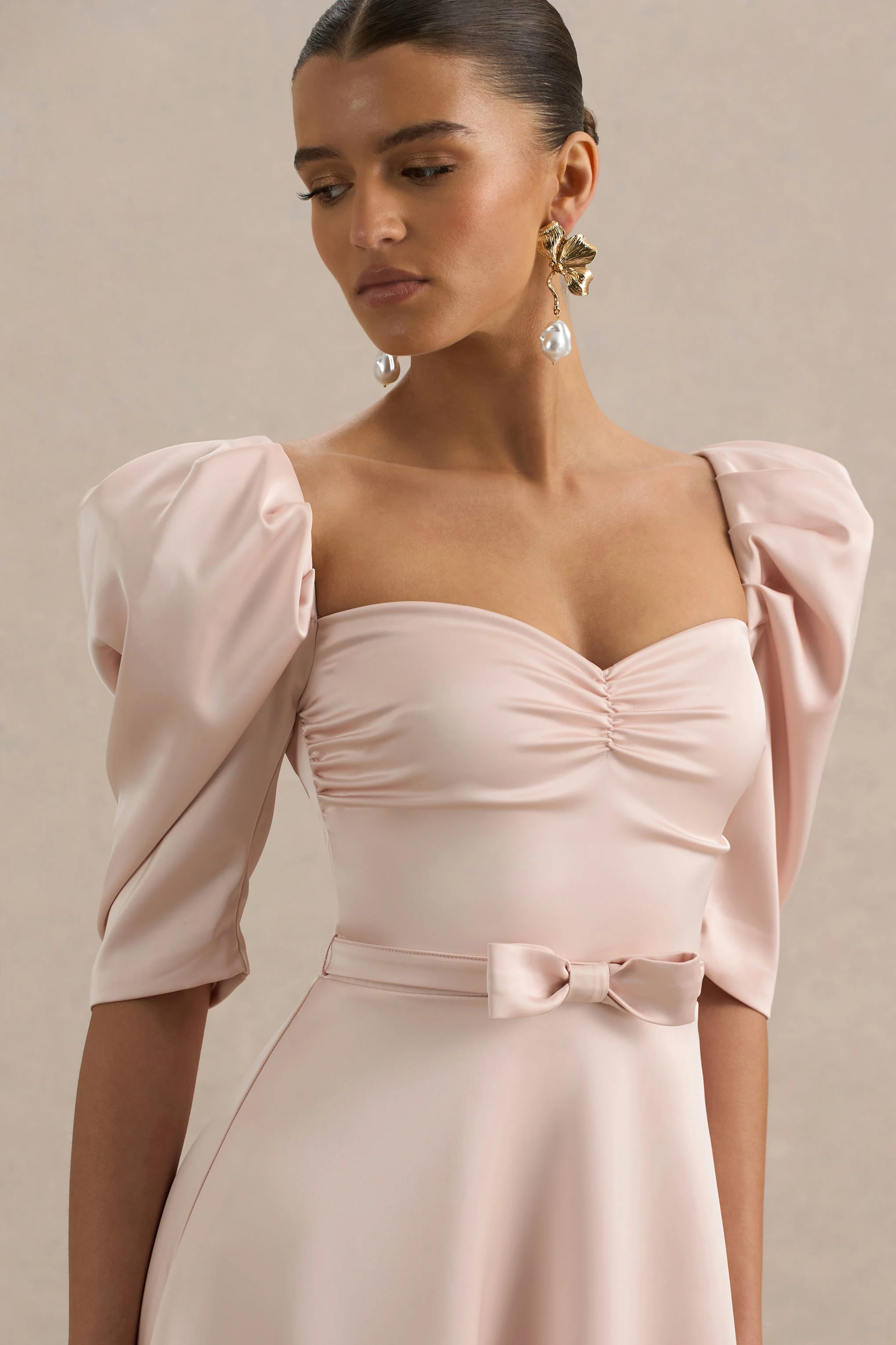 Rosey | Pale Pink Satin Sweetheart Midi Dress - Image 5