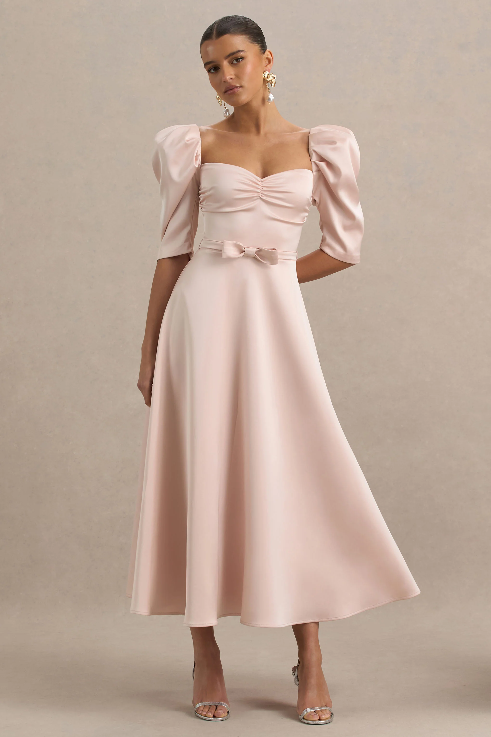 Rosey | Pale Pink Satin Sweetheart Midi Dress - Image 6