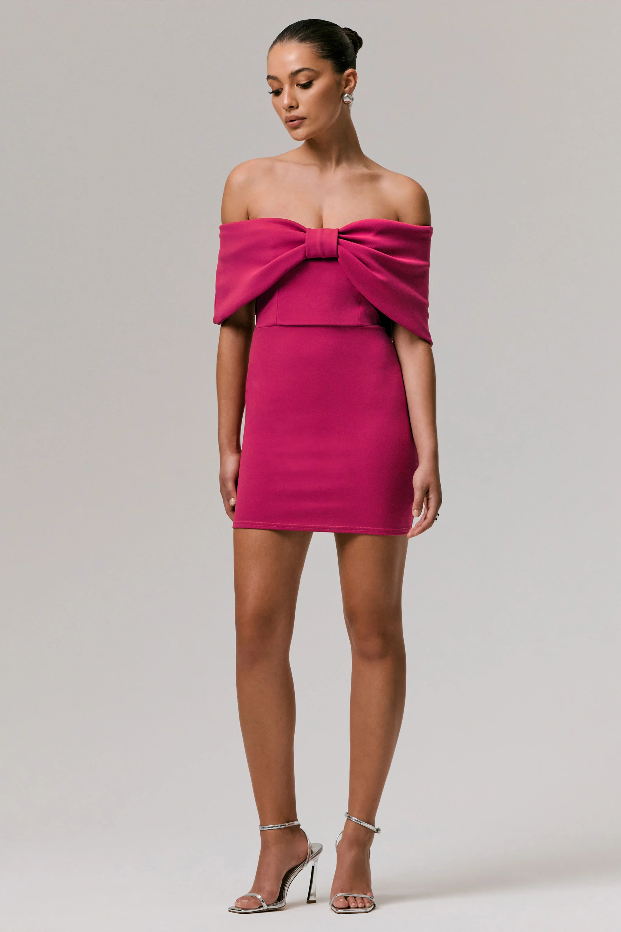 Sadie | Hot Pink Bow Bardot Mini Dress - Image 4